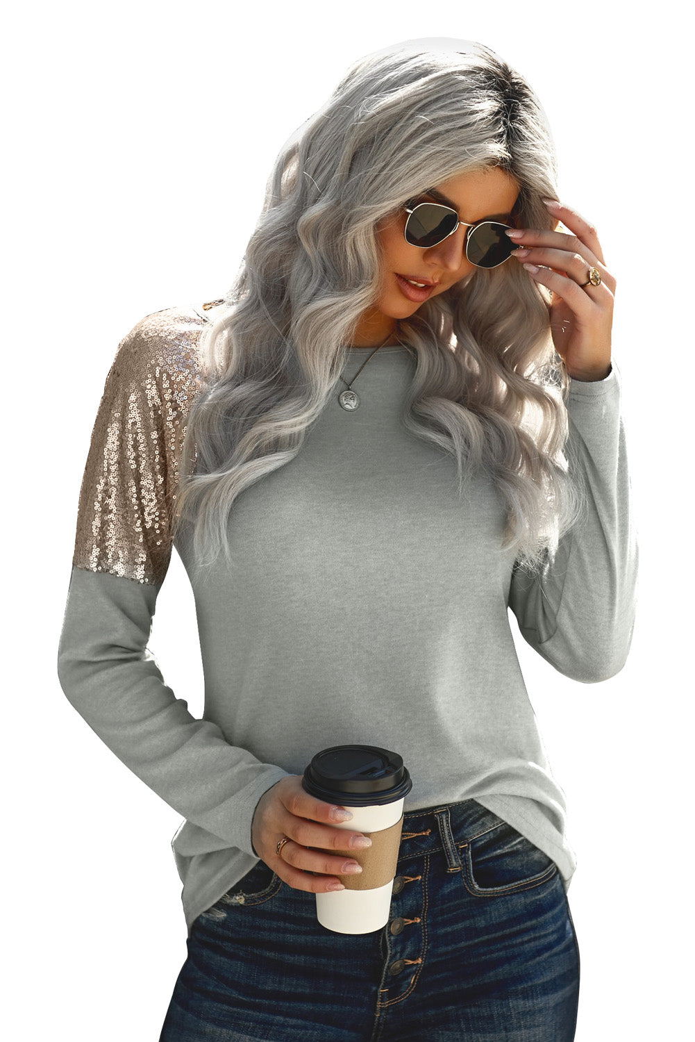 Gray long sleeve top with sequin shoulder detailing, showcasing a classic round neck and soft knit fabric.