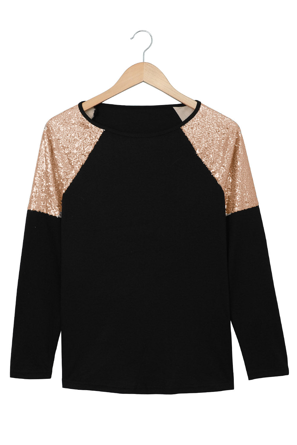 Gray long sleeve top with sequin shoulder detailing, showcasing a classic round neck and soft knit fabric.