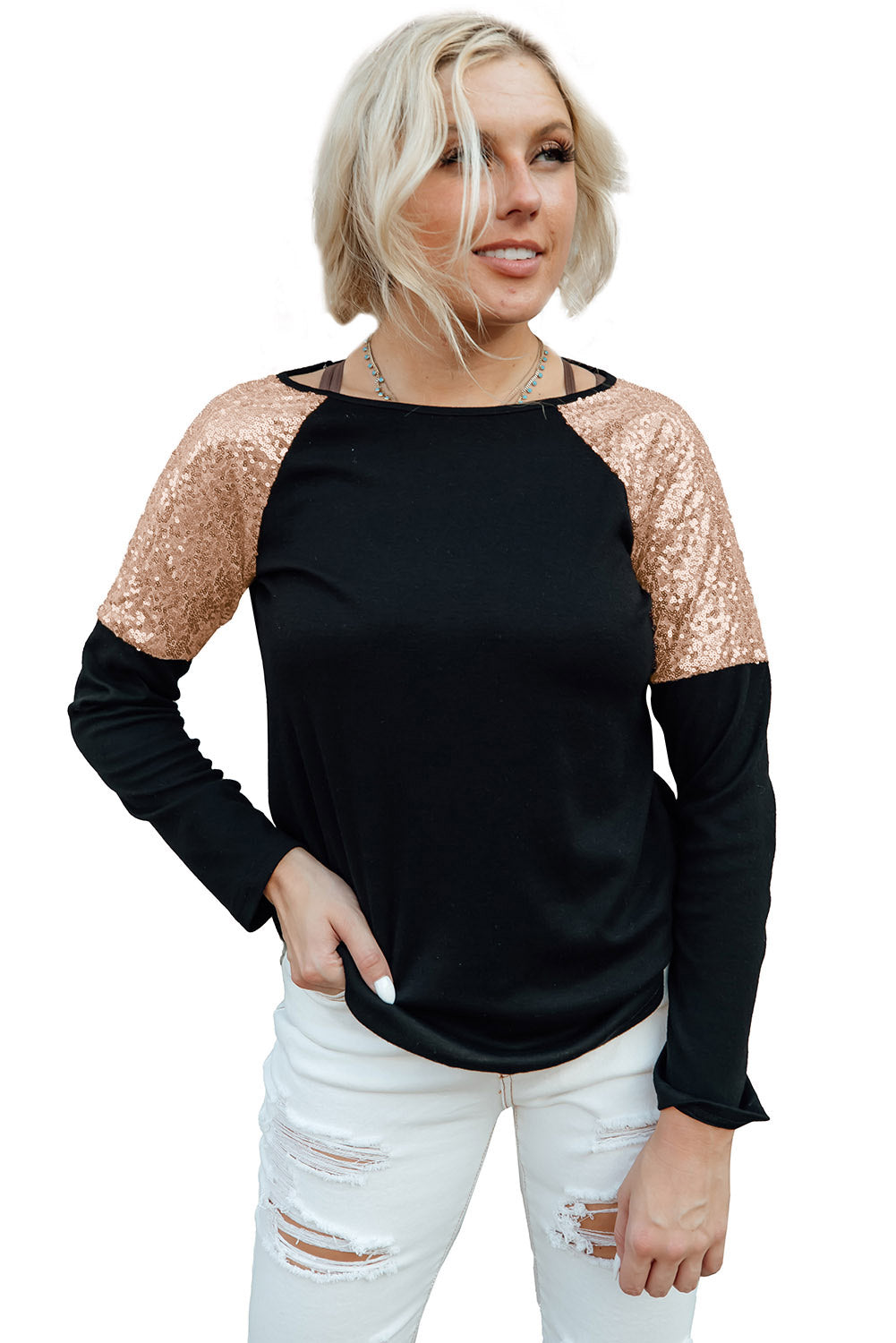 Gray long sleeve top with sequin shoulder detailing, showcasing a classic round neck and soft knit fabric.