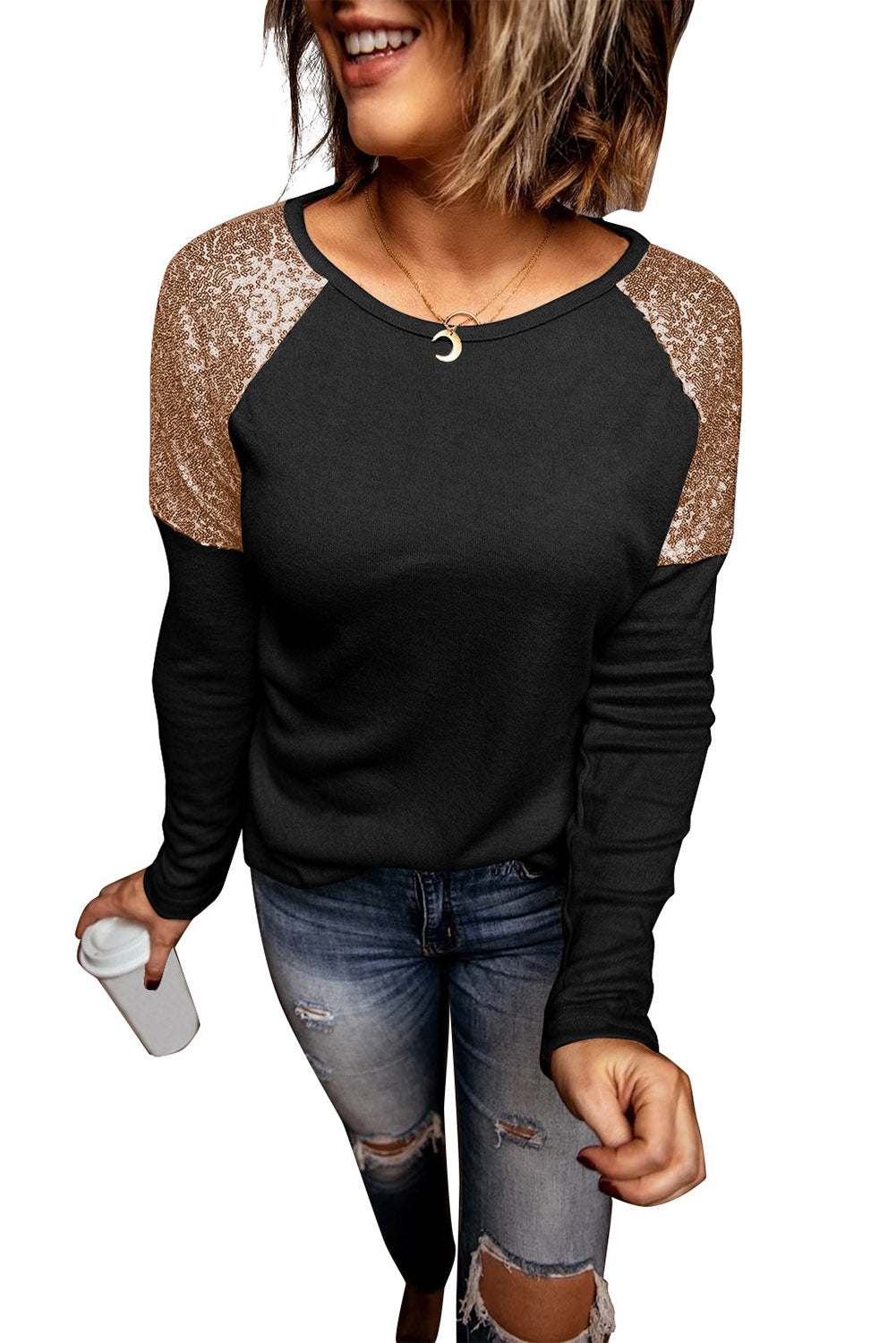 Gray long sleeve top with sequin shoulder detailing, showcasing a classic round neck and soft knit fabric.