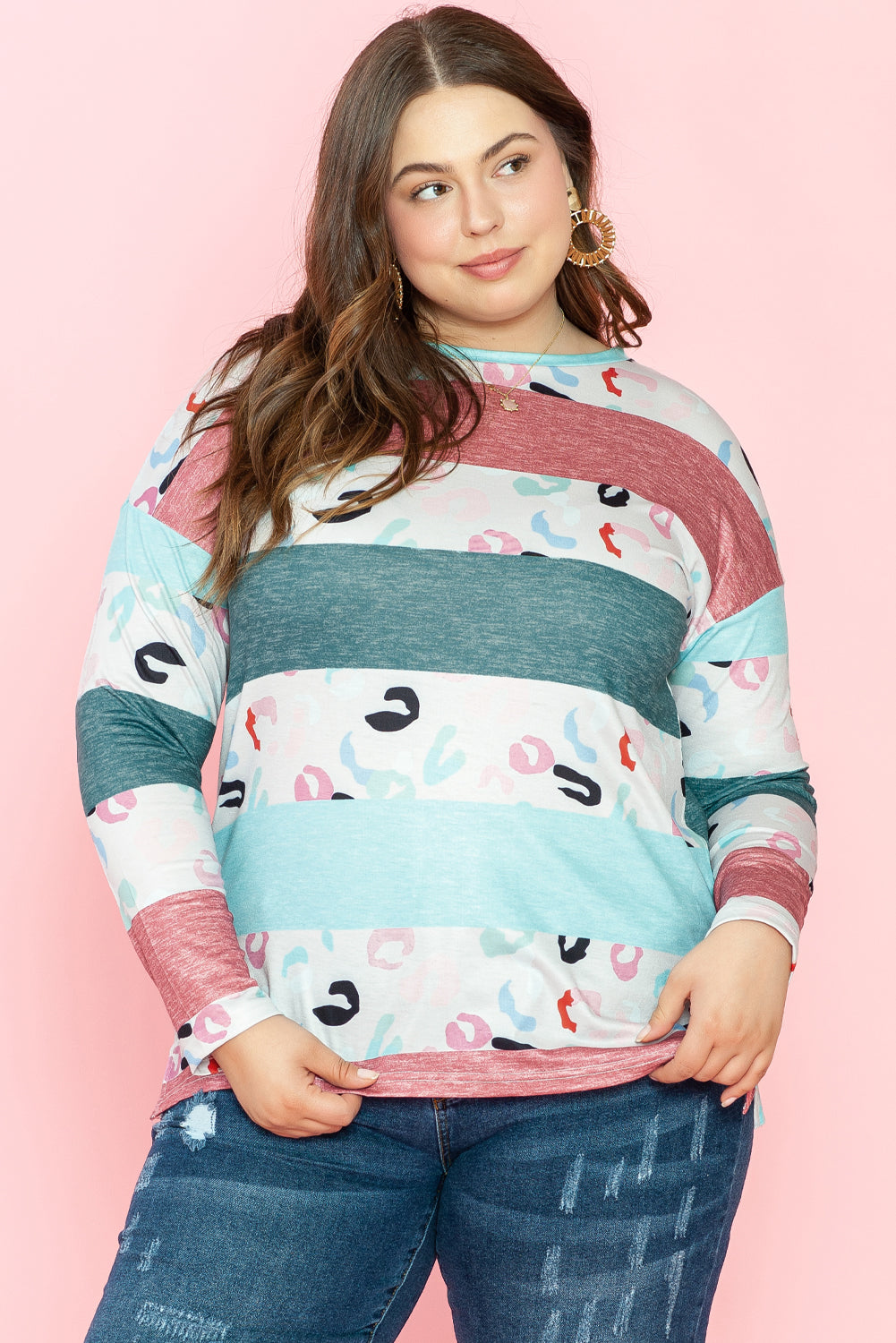 Gray Stripe Plus Size Colorblock Pullover Top featuring a stylish design with long sleeves and a crew neck, perfect for plus-size women.