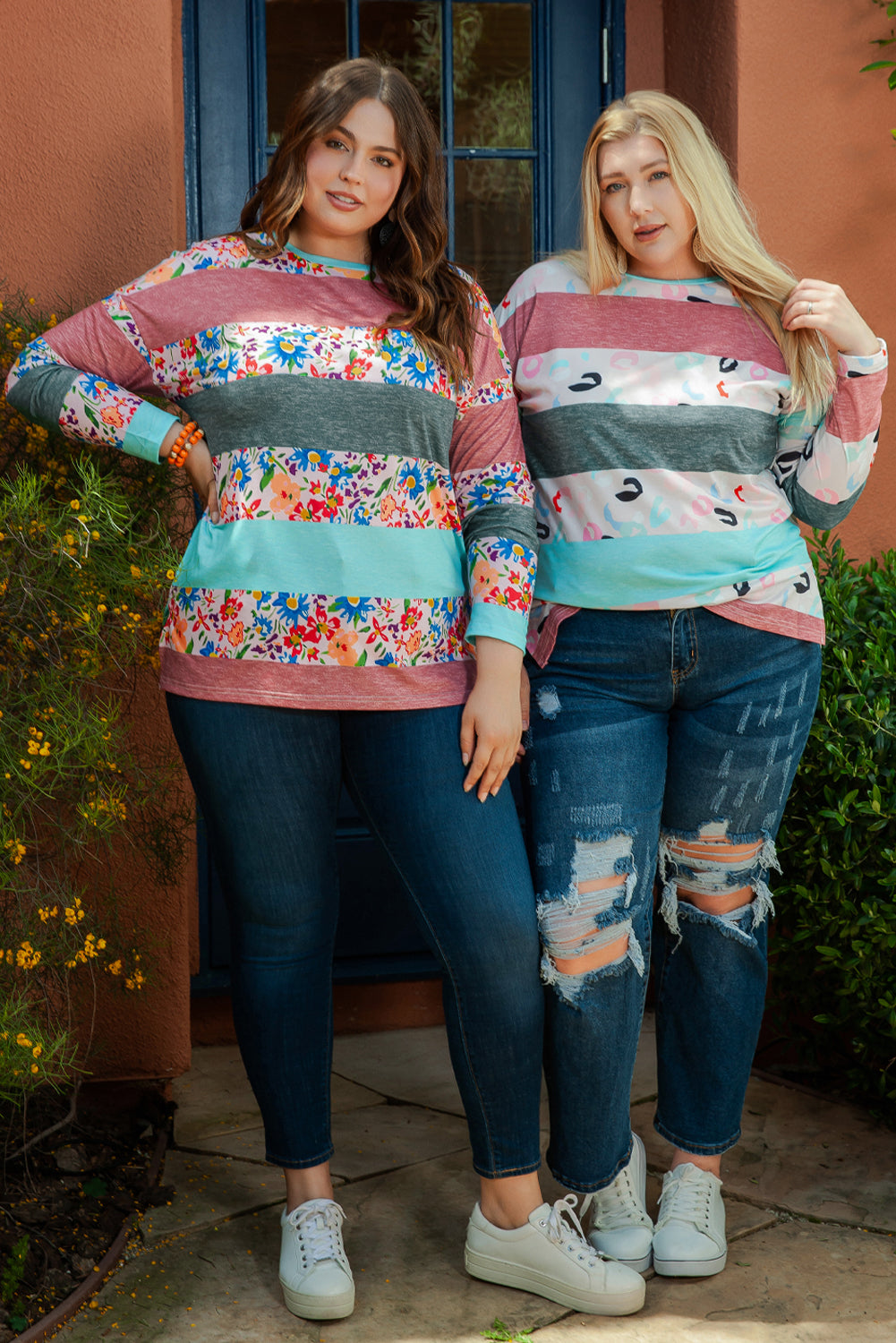 Gray Stripe Plus Size Colorblock Pullover Top featuring a stylish design with long sleeves and a crew neck, perfect for plus-size women.