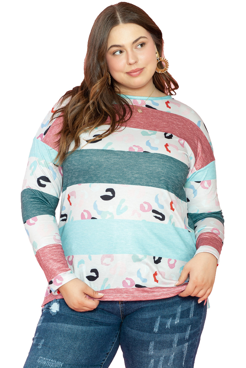 Gray Stripe Plus Size Colorblock Pullover Top featuring a stylish design with long sleeves and a crew neck, perfect for plus-size women.