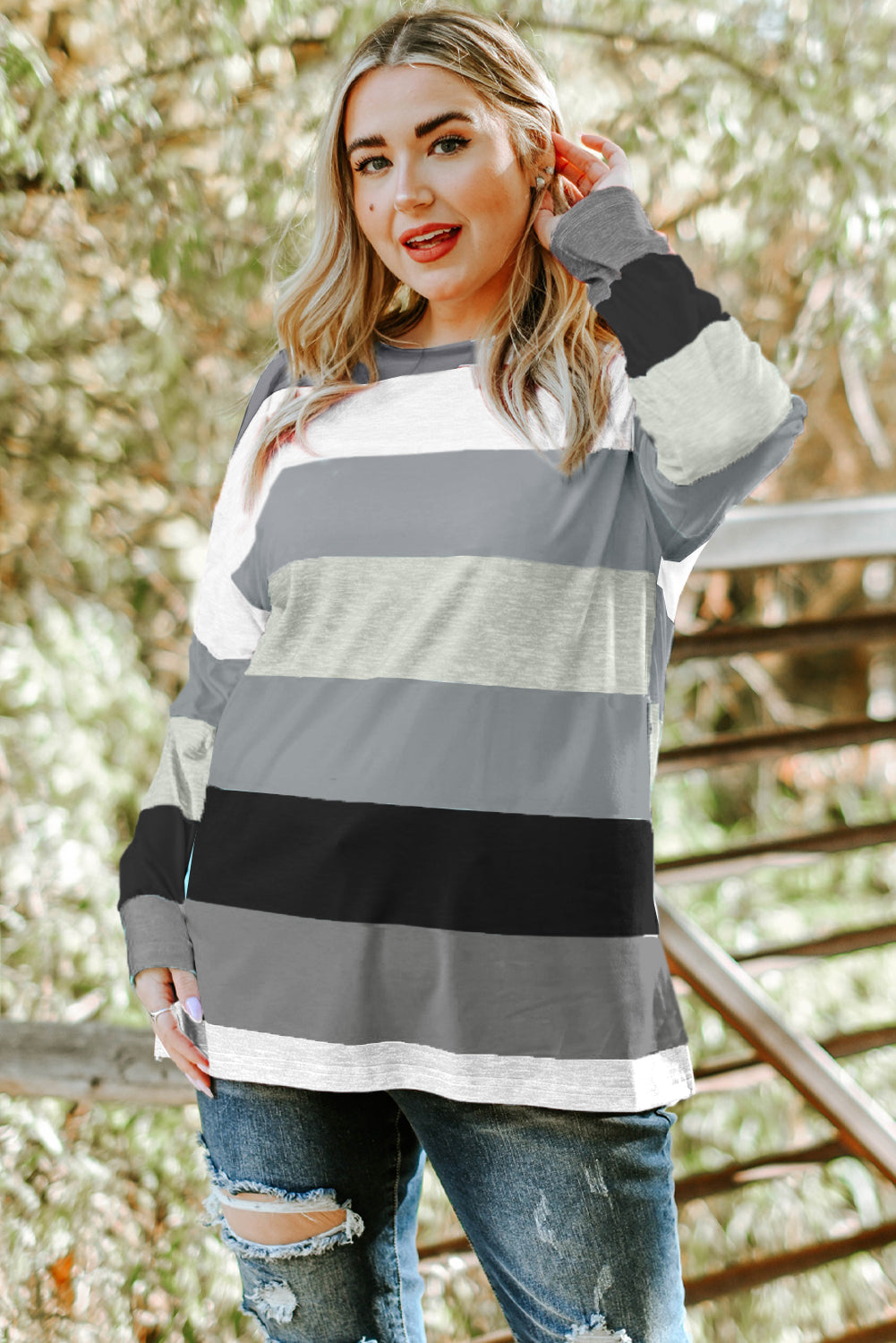 Gray Stripe Plus Size Colorblock Pullover Top featuring a stylish design with long sleeves and a crew neck, perfect for plus-size women.