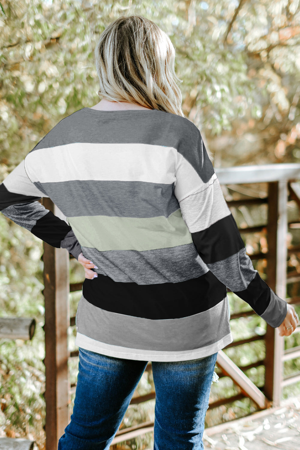 Gray Stripe Plus Size Colorblock Pullover Top featuring a stylish design with long sleeves and a crew neck, perfect for plus-size women.