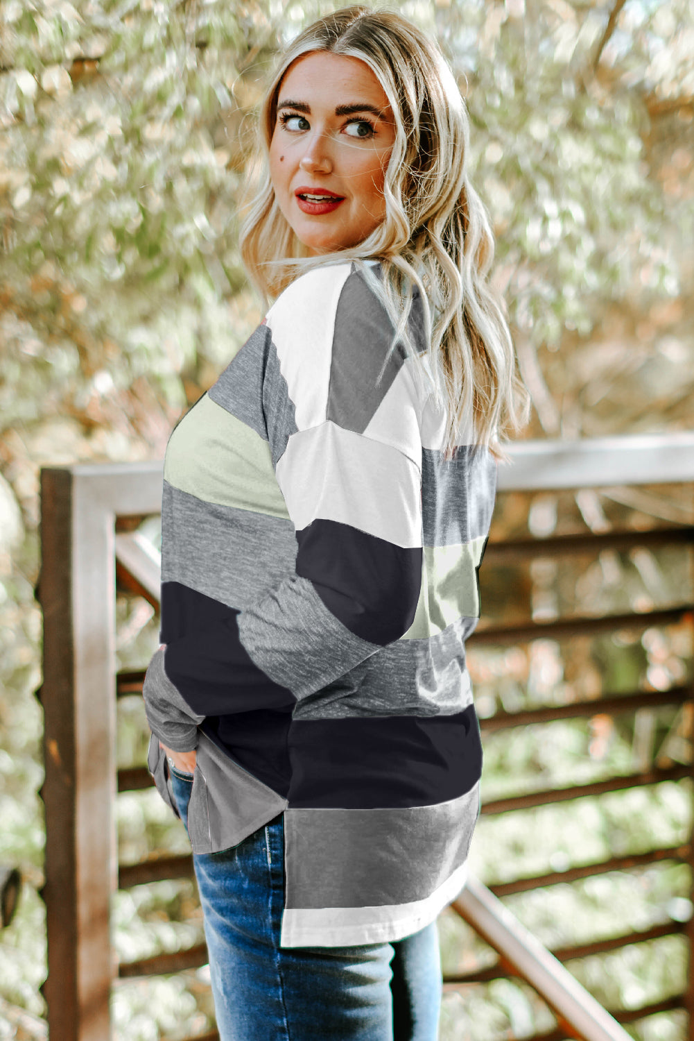 Gray Stripe Plus Size Colorblock Pullover Top featuring a stylish design with long sleeves and a crew neck, perfect for plus-size women.