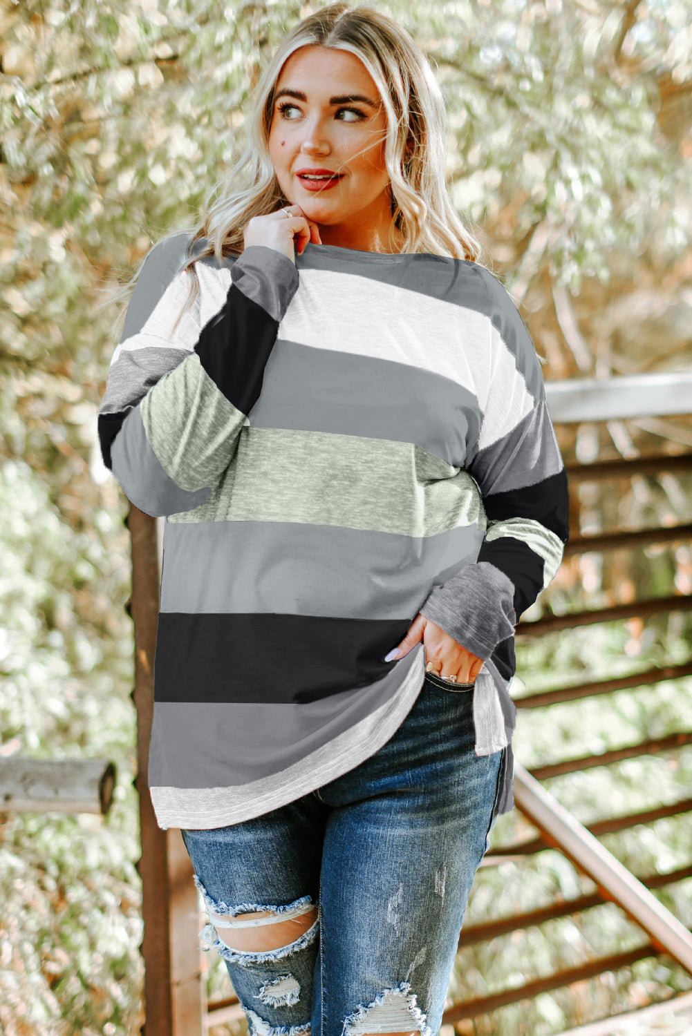 Gray Stripe Plus Size Colorblock Pullover Top featuring a stylish design with long sleeves and a crew neck, perfect for plus-size women.