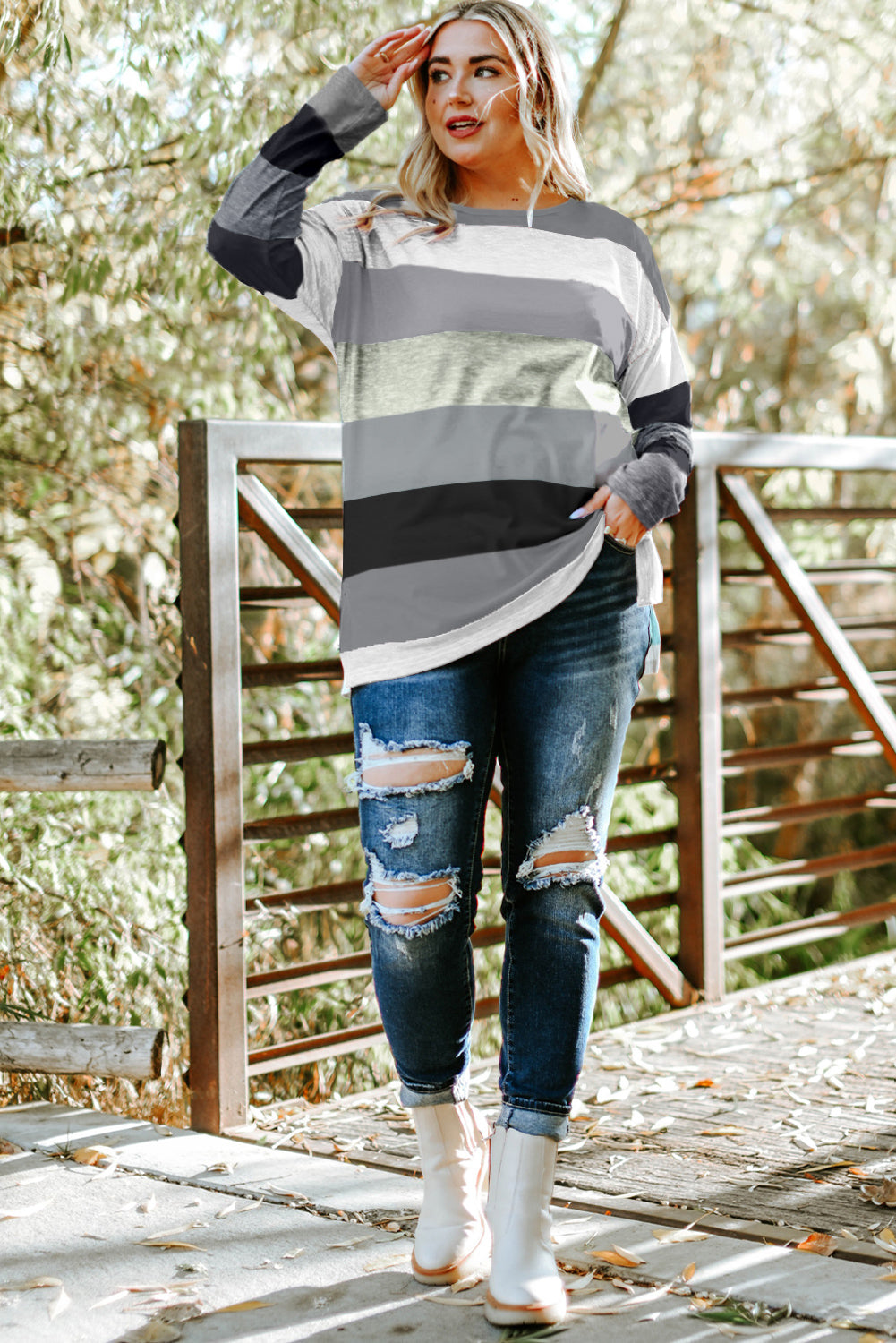 Gray Stripe Plus Size Colorblock Pullover Top featuring a stylish design with long sleeves and a crew neck, perfect for plus-size women.