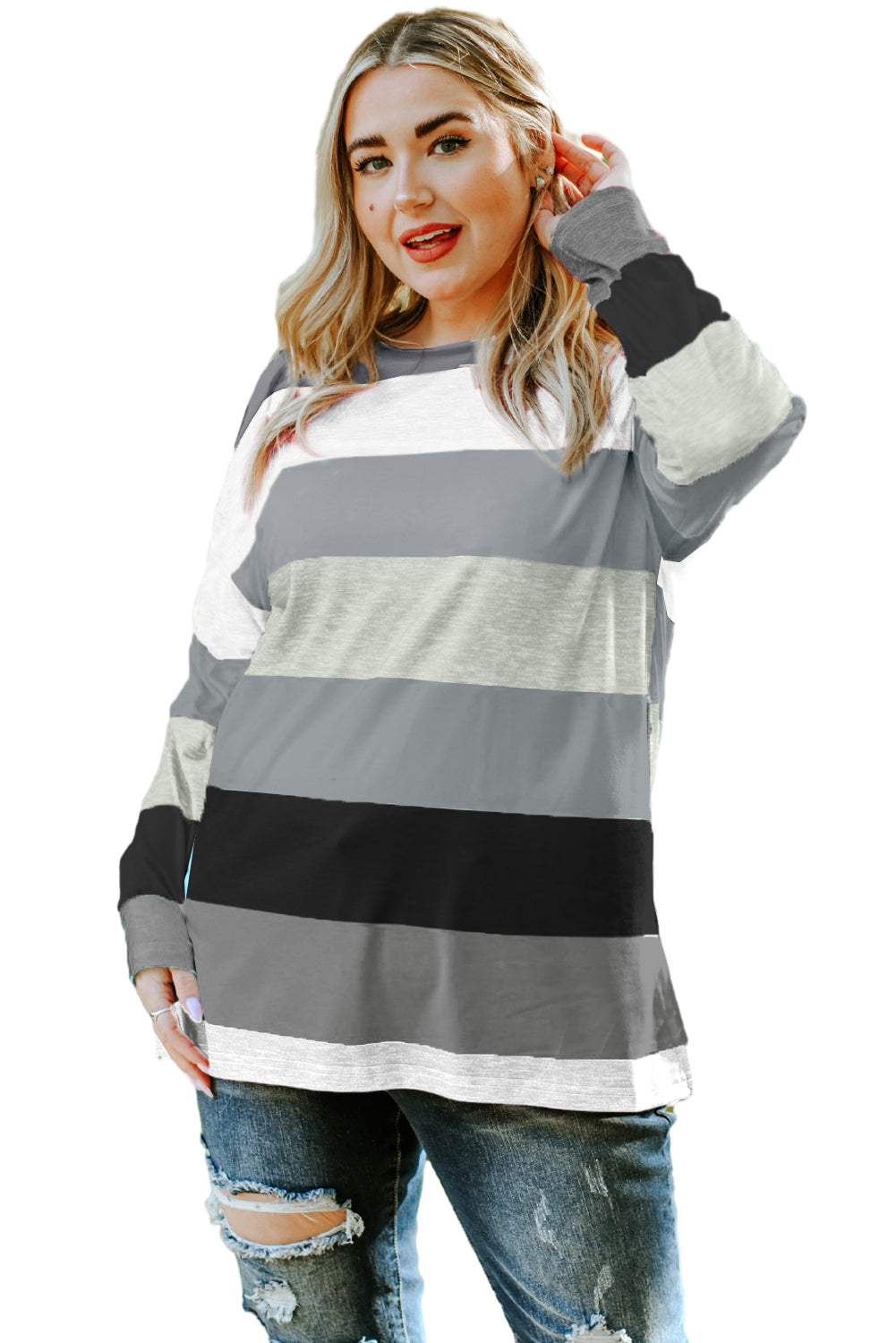 Gray Stripe Plus Size Colorblock Pullover Top featuring a stylish design with long sleeves and a crew neck, perfect for plus-size women.