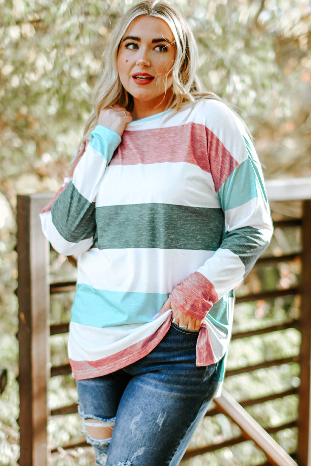 Gray Stripe Plus Size Colorblock Pullover Top featuring a stylish design with long sleeves and a crew neck, perfect for plus-size women.