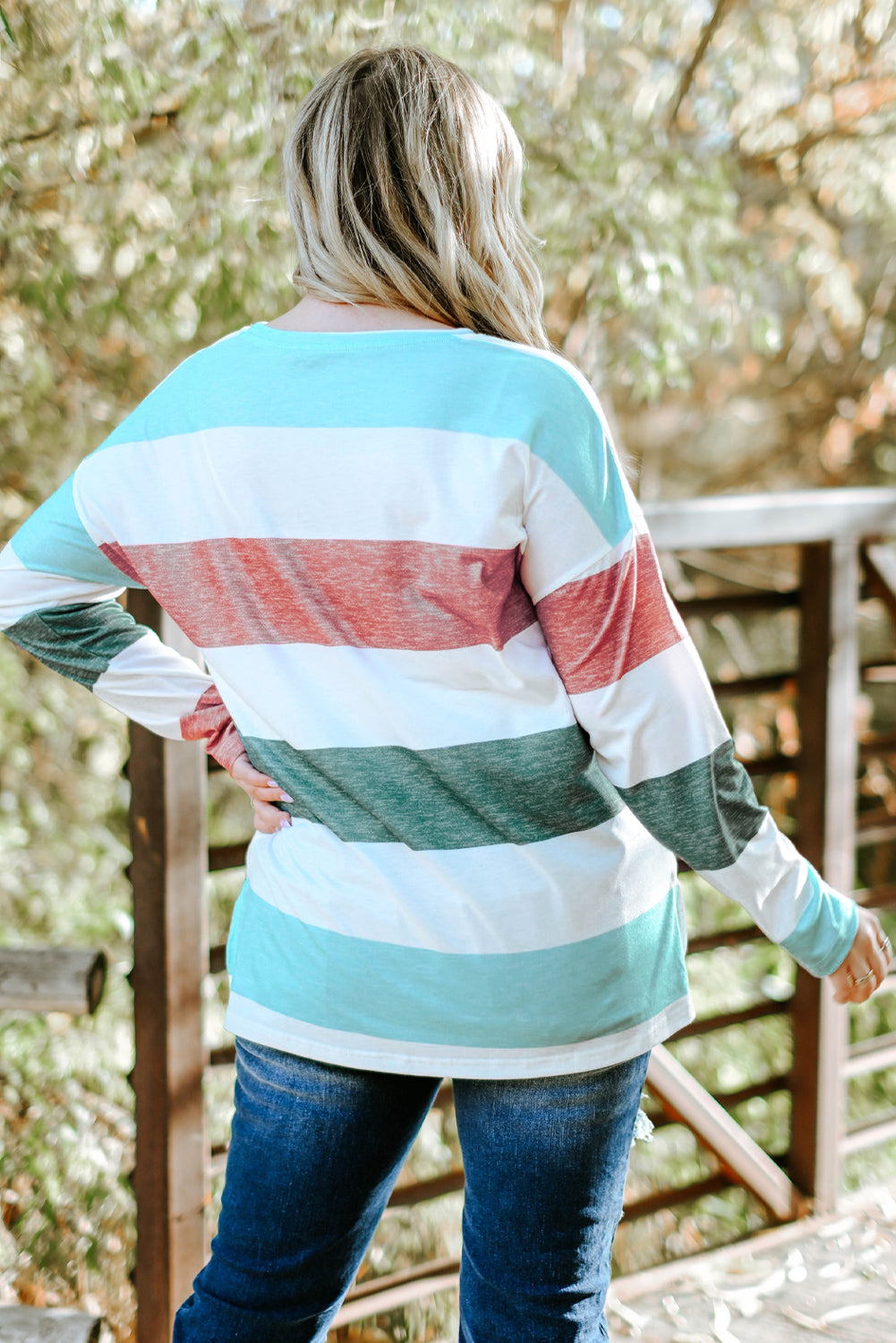 Gray Stripe Plus Size Colorblock Pullover Top featuring a stylish design with long sleeves and a crew neck, perfect for plus-size women.