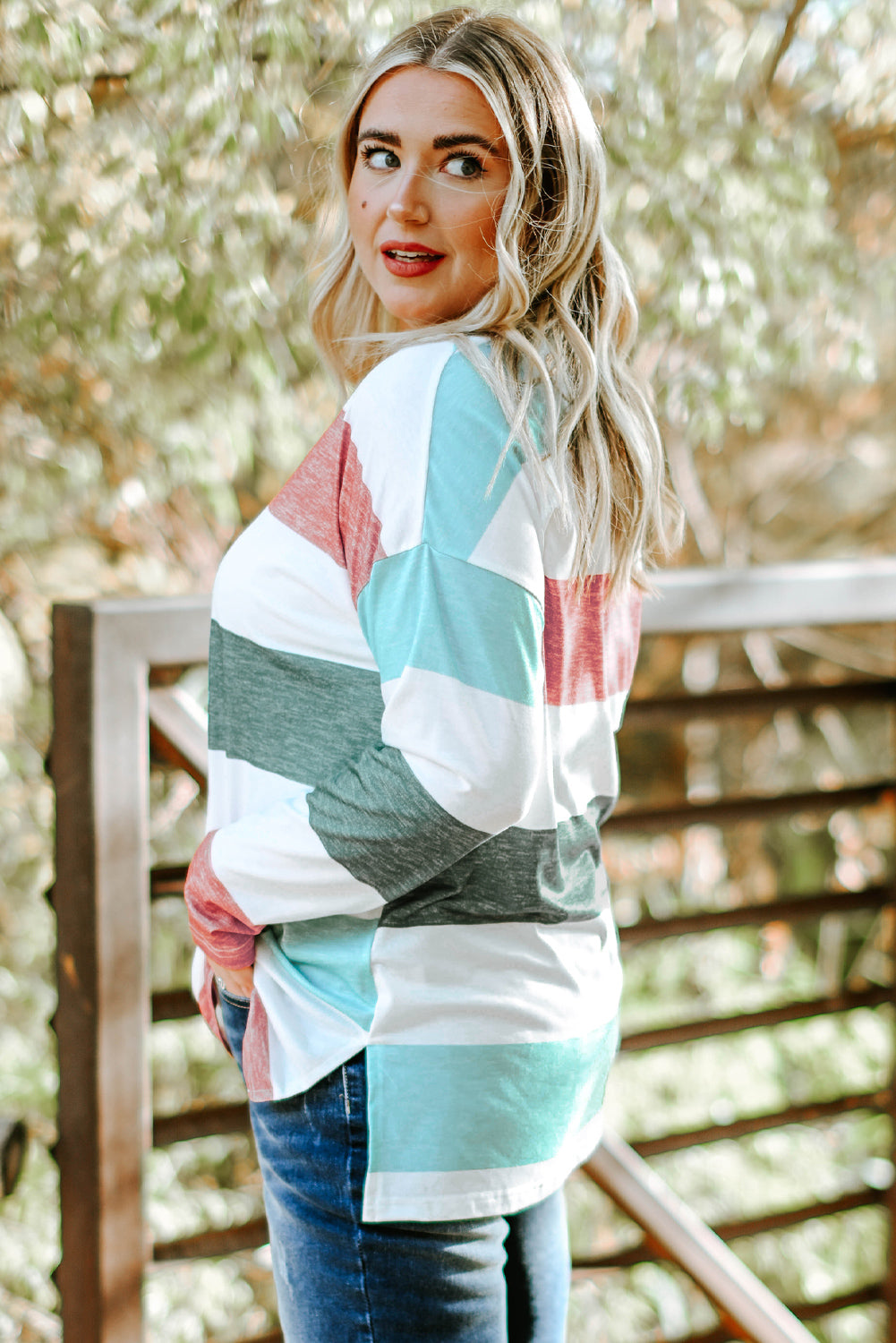 Gray Stripe Plus Size Colorblock Pullover Top featuring a stylish design with long sleeves and a crew neck, perfect for plus-size women.