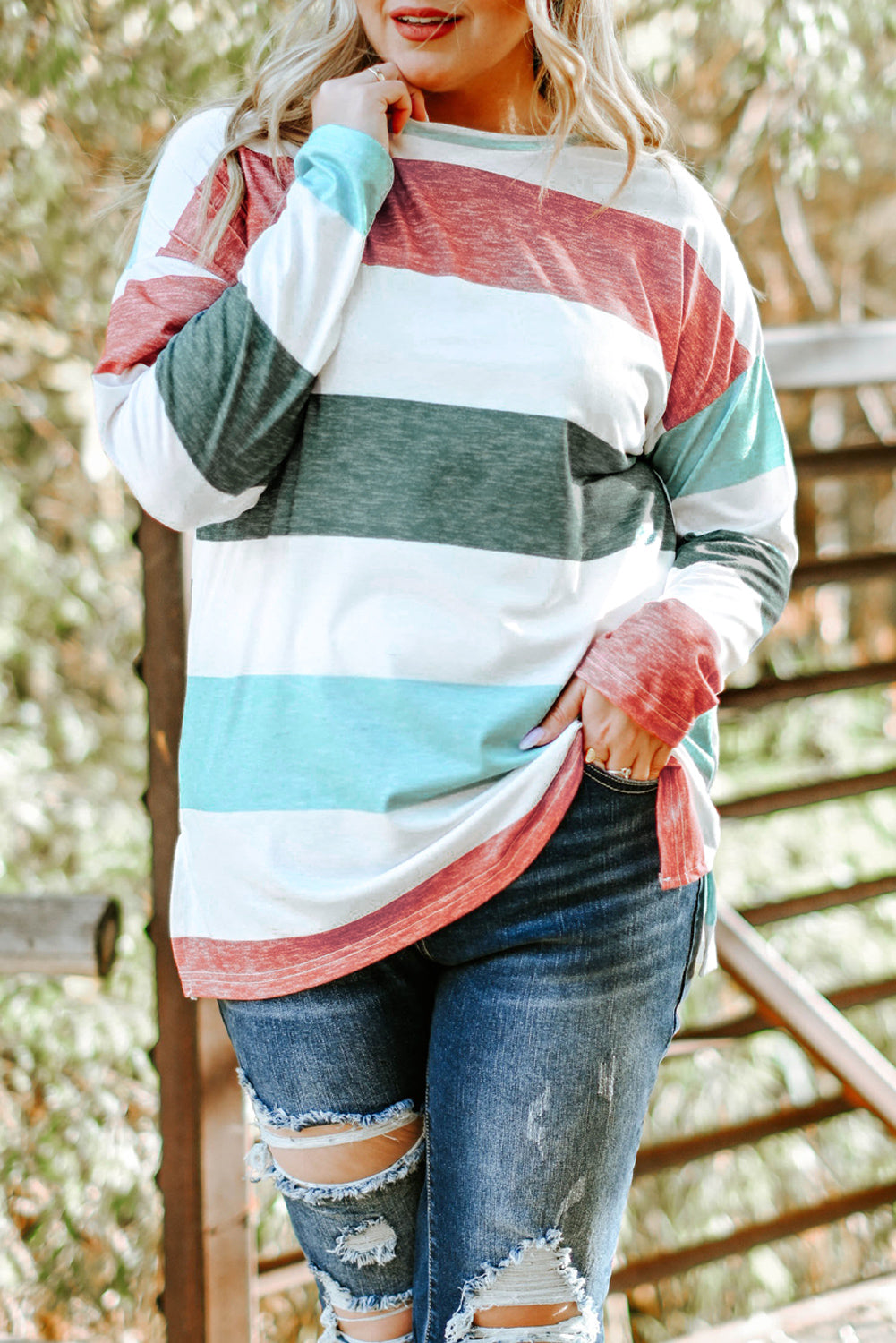 Gray Stripe Plus Size Colorblock Pullover Top featuring a stylish design with long sleeves and a crew neck, perfect for plus-size women.