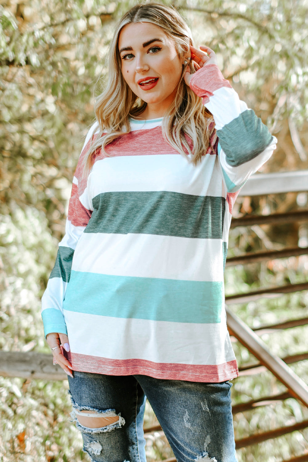 Gray Stripe Plus Size Colorblock Pullover Top featuring a stylish design with long sleeves and a crew neck, perfect for plus-size women.