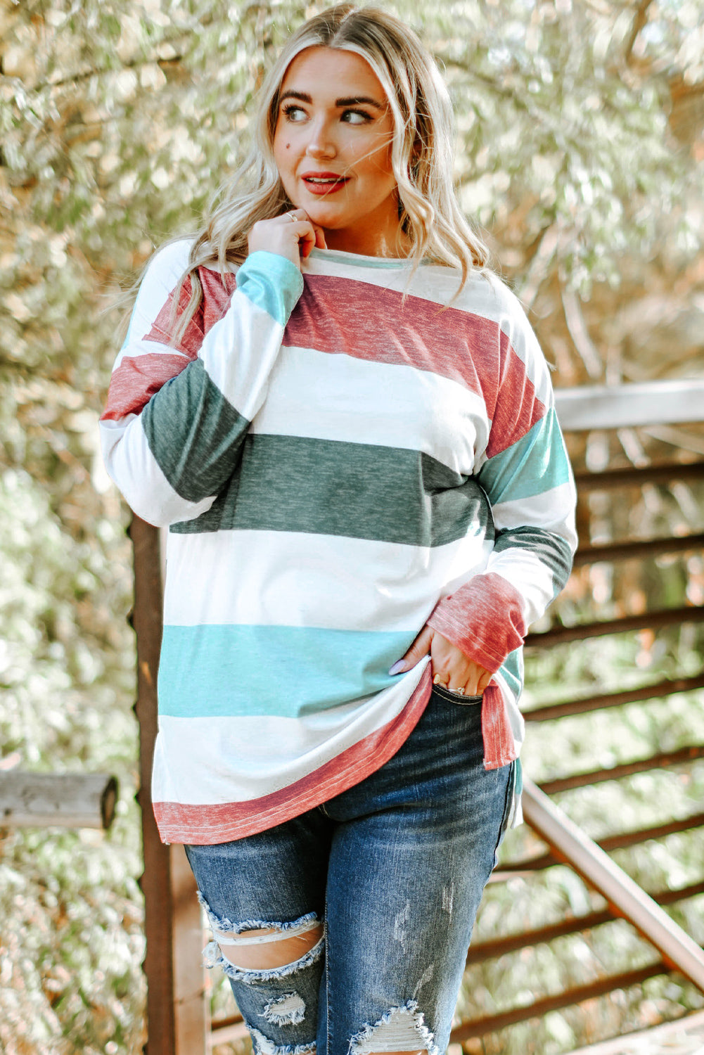 Gray Stripe Plus Size Colorblock Pullover Top featuring a stylish design with long sleeves and a crew neck, perfect for plus-size women.