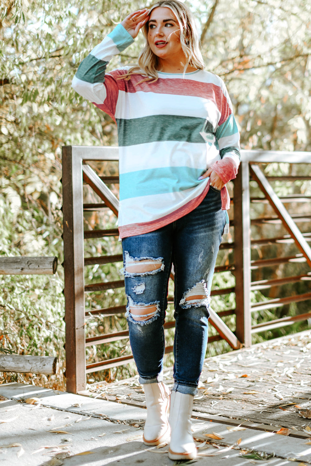 Gray Stripe Plus Size Colorblock Pullover Top featuring a stylish design with long sleeves and a crew neck, perfect for plus-size women.