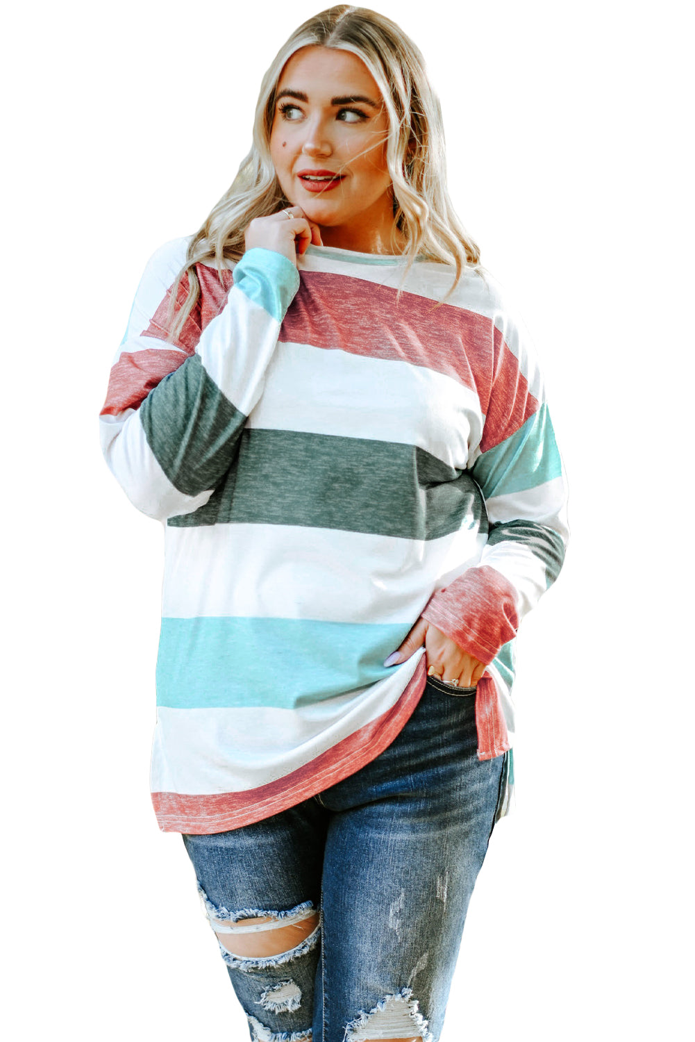 Gray Stripe Plus Size Colorblock Pullover Top featuring a stylish design with long sleeves and a crew neck, perfect for plus-size women.