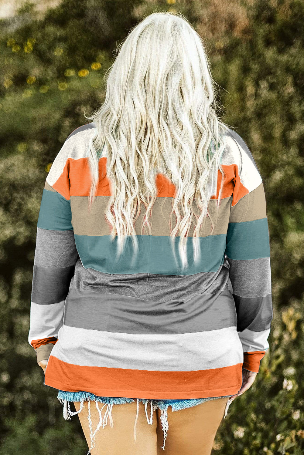 Gray Stripe Plus Size Colorblock Pullover Top featuring a stylish design with long sleeves and a crew neck, perfect for plus-size women.