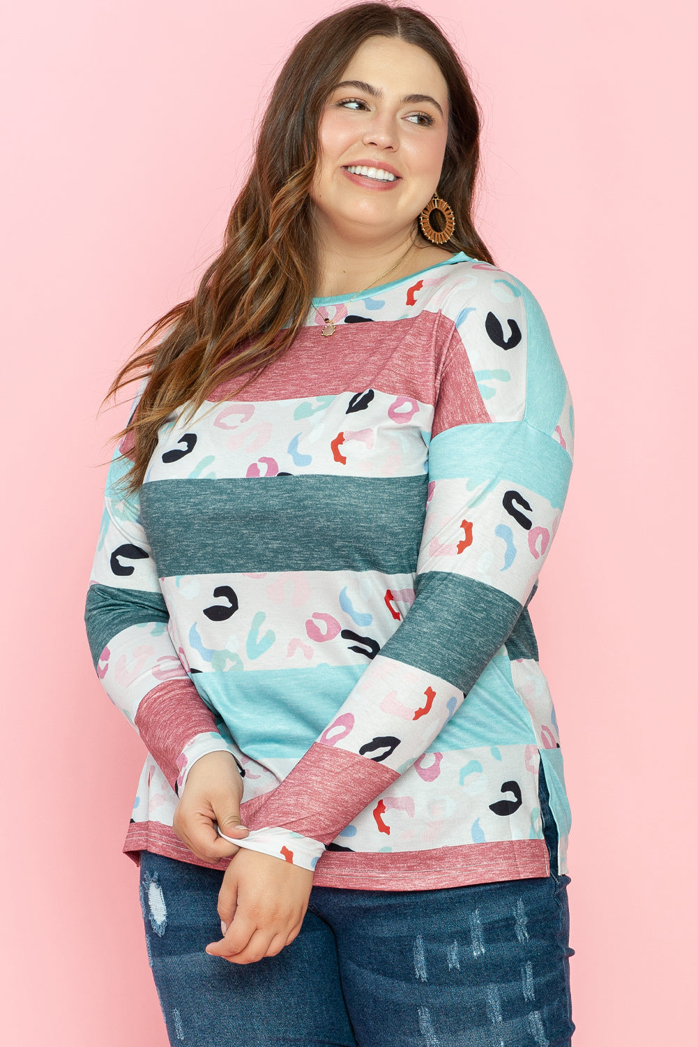 Gray Stripe Plus Size Colorblock Pullover Top featuring a stylish design with long sleeves and a crew neck, perfect for plus-size women.