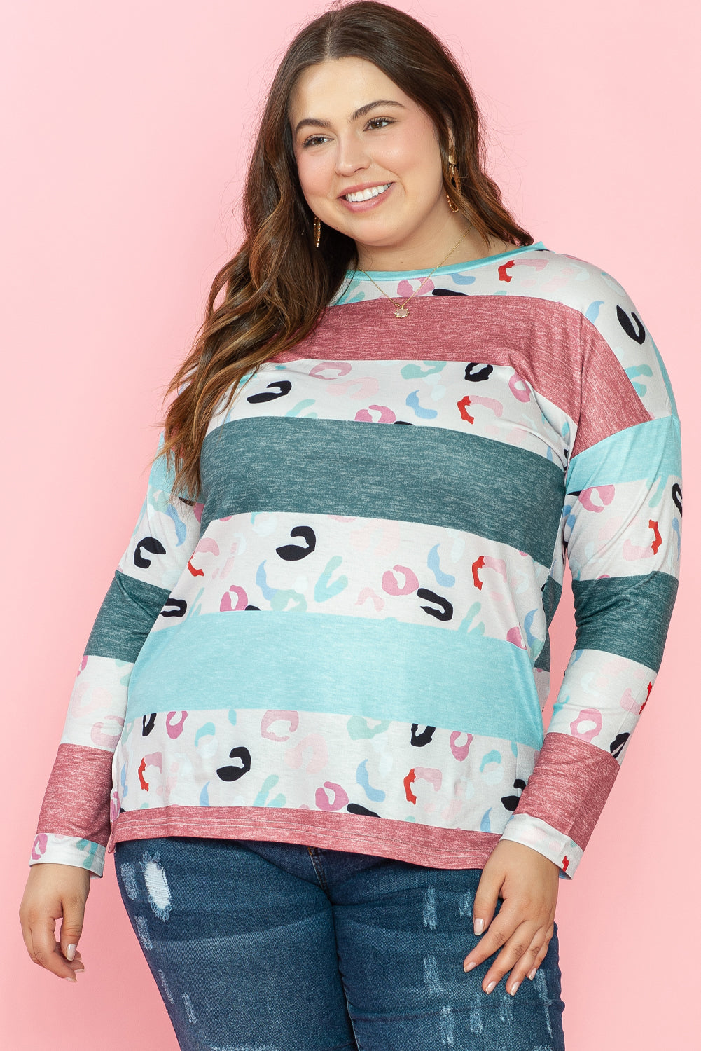 Gray Stripe Plus Size Colorblock Pullover Top featuring a stylish design with long sleeves and a crew neck, perfect for plus-size women.