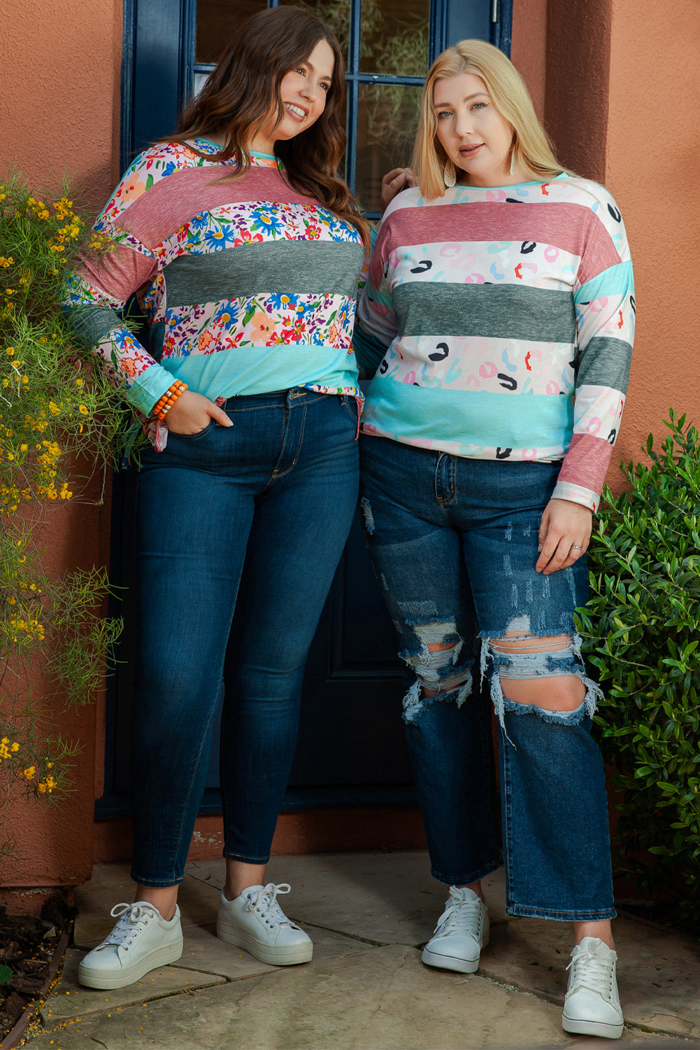 Gray Stripe Plus Size Colorblock Pullover Top featuring a stylish design with long sleeves and a crew neck, perfect for plus-size women.