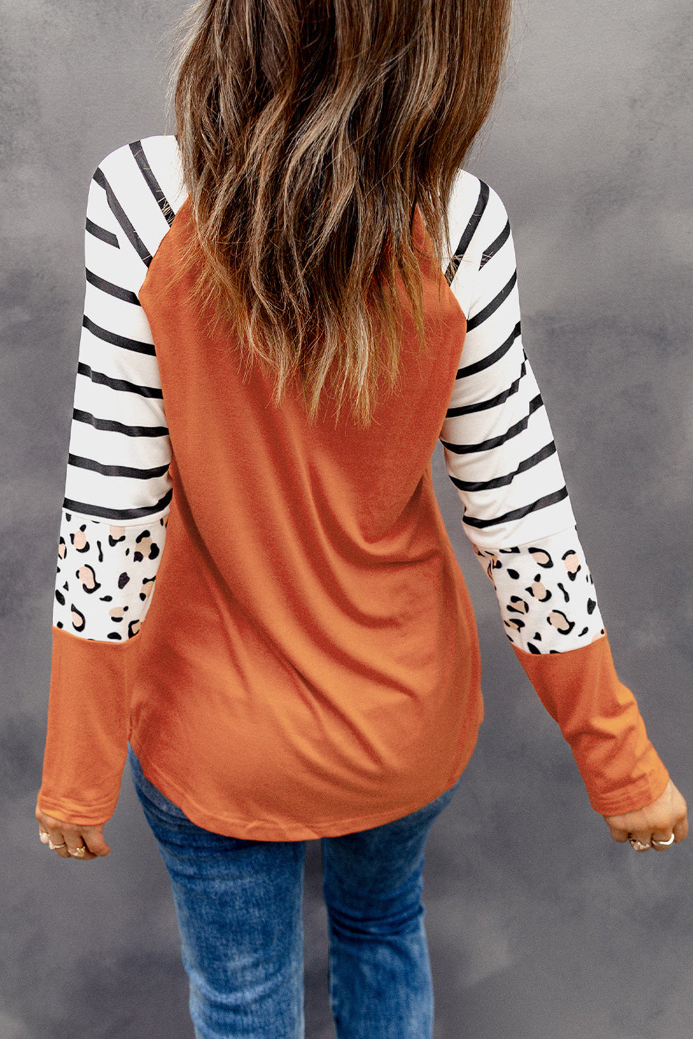 Gray Striped Animal Print Colorblock Long Sleeve Top featuring a trendy design with stripes and animal prints.