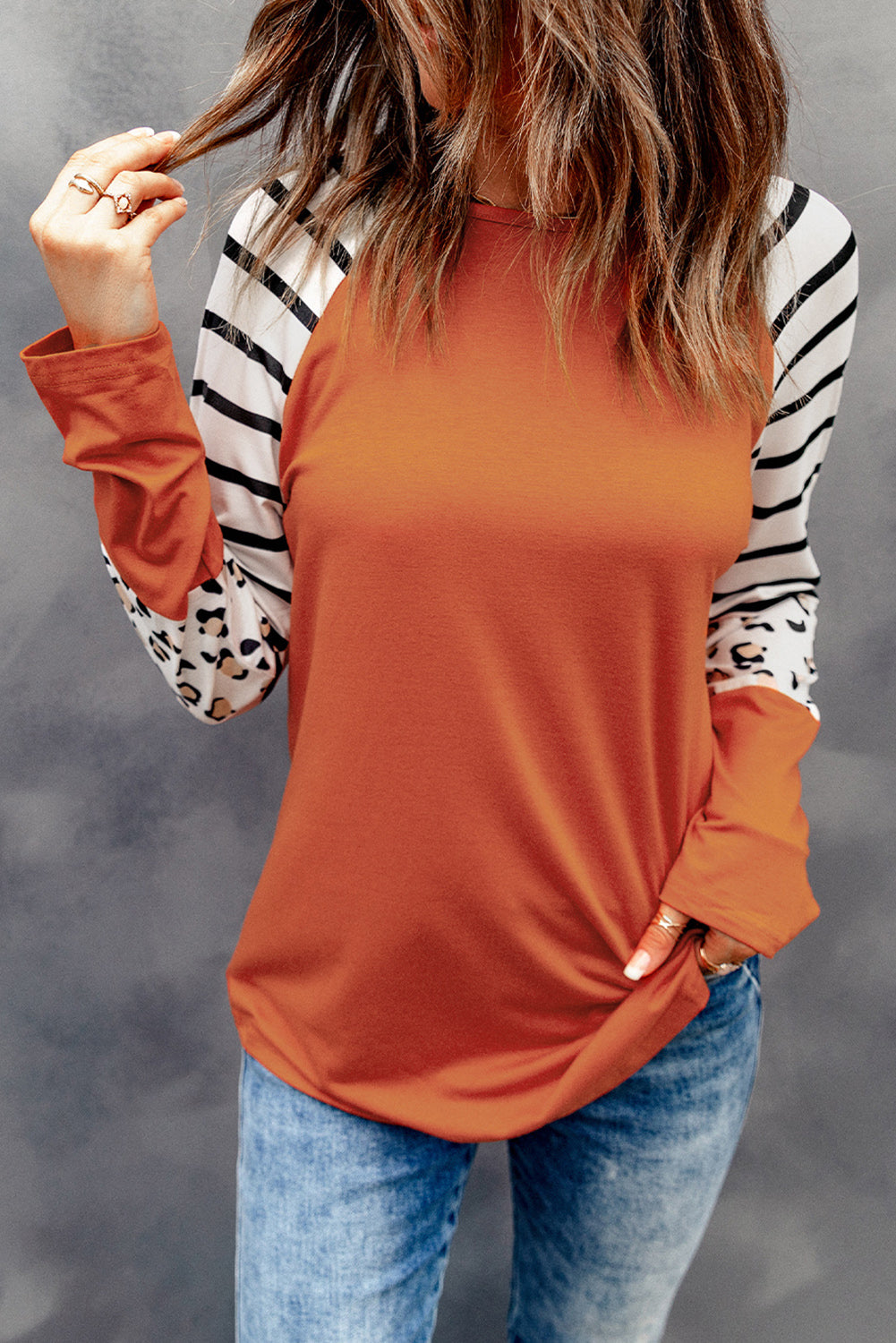 Gray Striped Animal Print Colorblock Long Sleeve Top featuring a trendy design with stripes and animal prints.