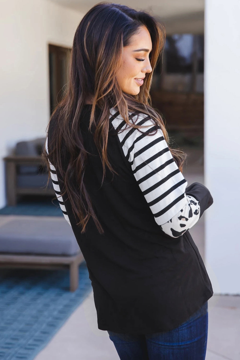 Gray Striped Animal Print Colorblock Long Sleeve Top featuring a trendy design with stripes and animal prints.