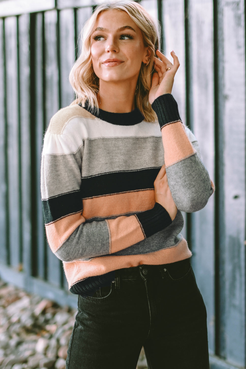 Gray striped color block casual sweater featuring a crew neck and long sleeves, perfect for stylish and comfortable wear.