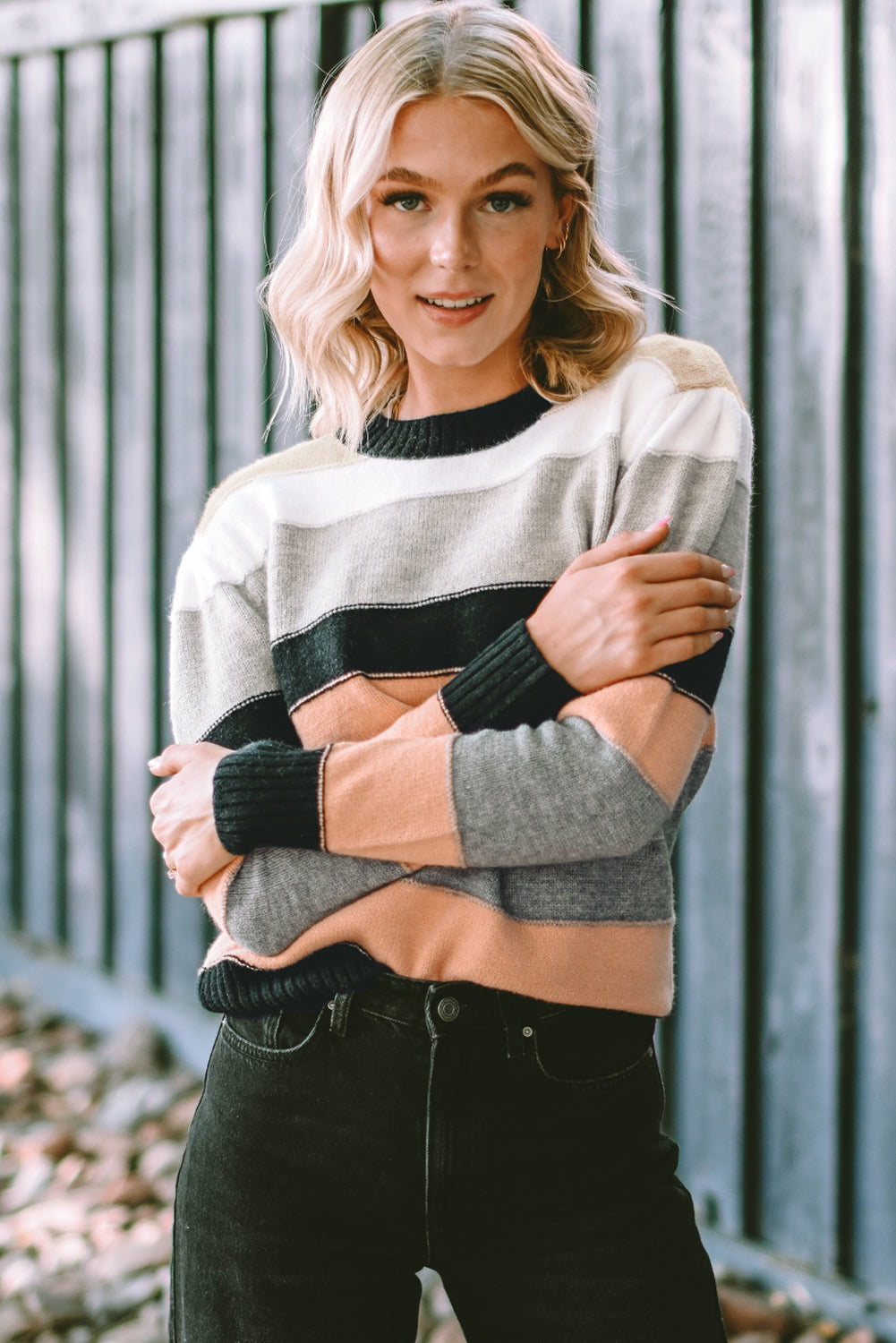 Gray striped color block casual sweater featuring a crew neck and long sleeves, perfect for stylish and comfortable wear.