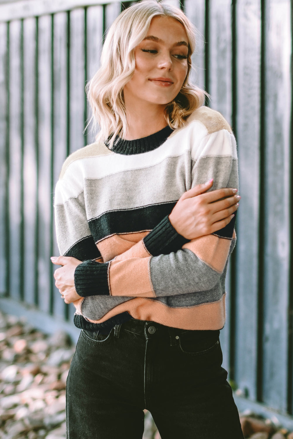 Gray striped color block casual sweater featuring a crew neck and long sleeves, perfect for stylish and comfortable wear.