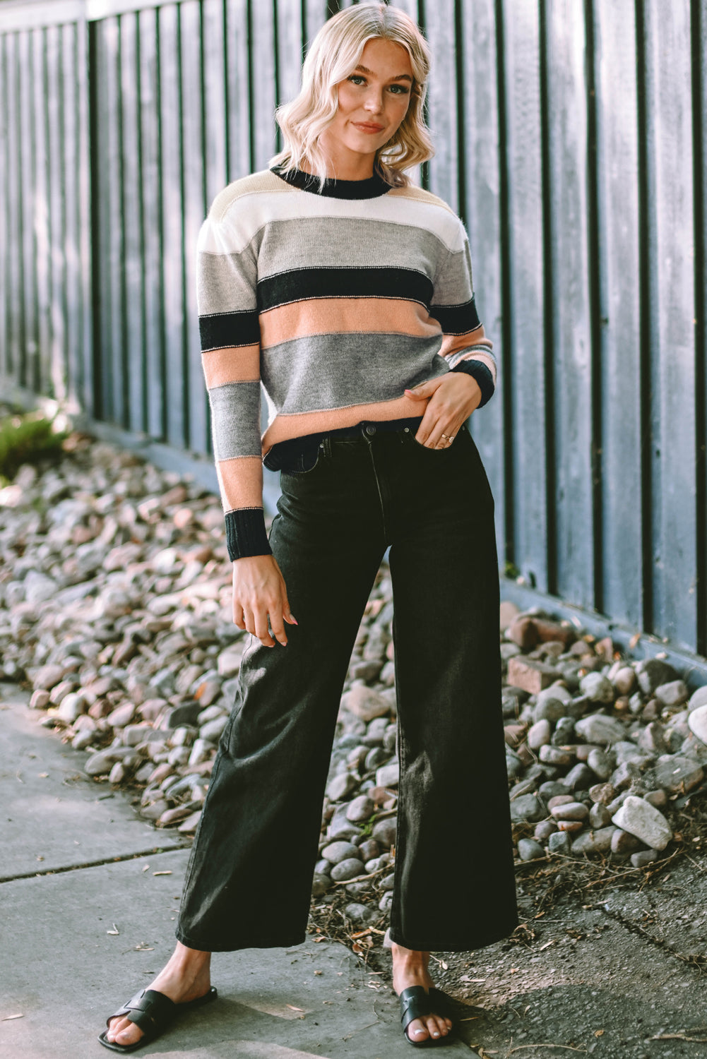 Gray striped color block casual sweater featuring a crew neck and long sleeves, perfect for stylish and comfortable wear.