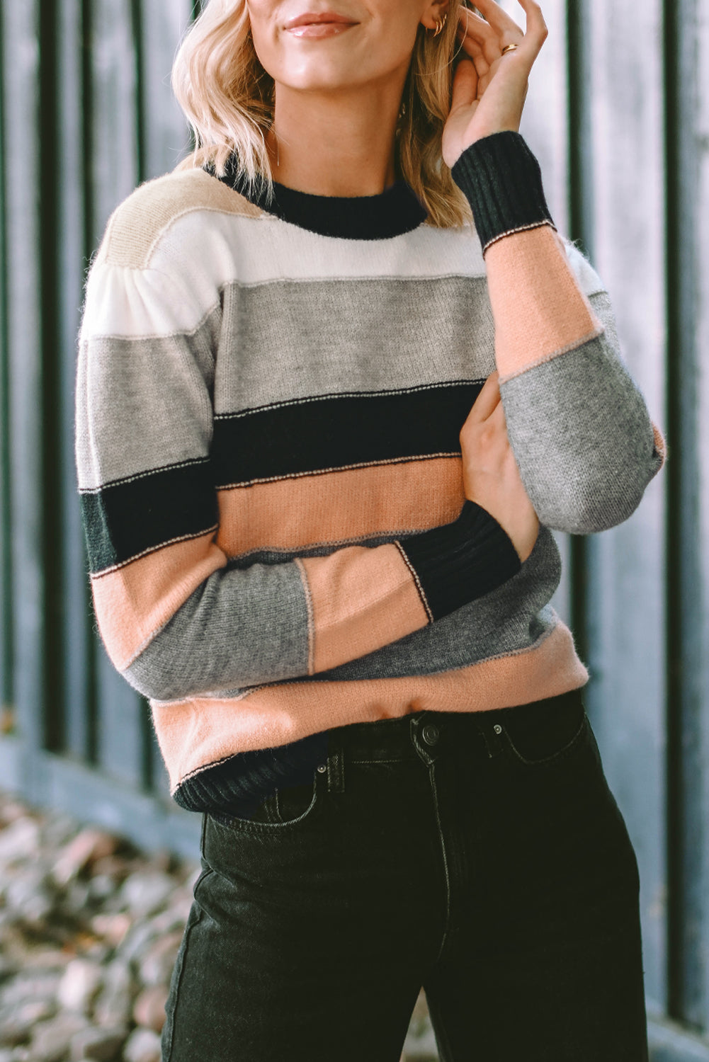 Gray striped color block casual sweater featuring a crew neck and long sleeves, perfect for stylish and comfortable wear.