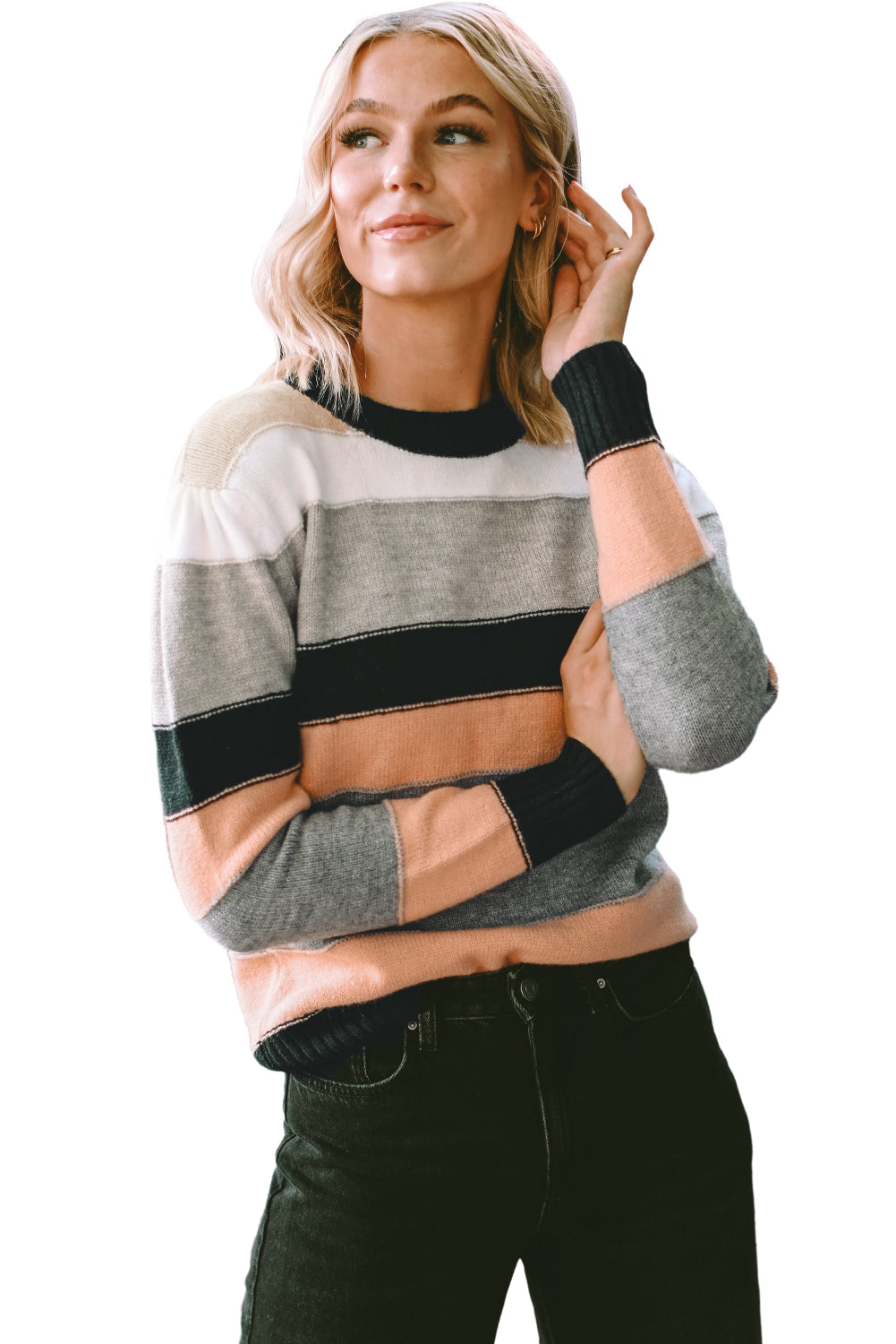 Gray striped color block casual sweater featuring a crew neck and long sleeves, perfect for stylish and comfortable wear.