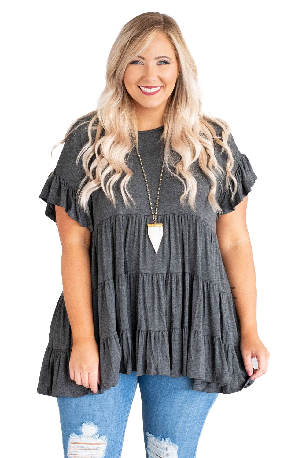 Gray tiered ruffled short sleeve plus size blouse displayed on a mannequin, showcasing its elegant design and comfortable fit.