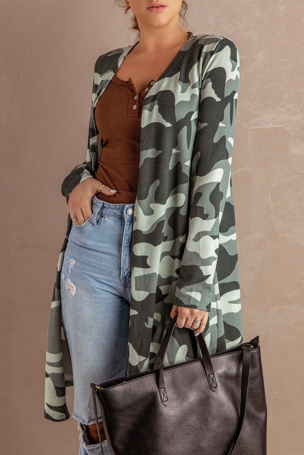 A stylish green camo print long cardigan with an open front and long sleeves, perfect for casual wear.