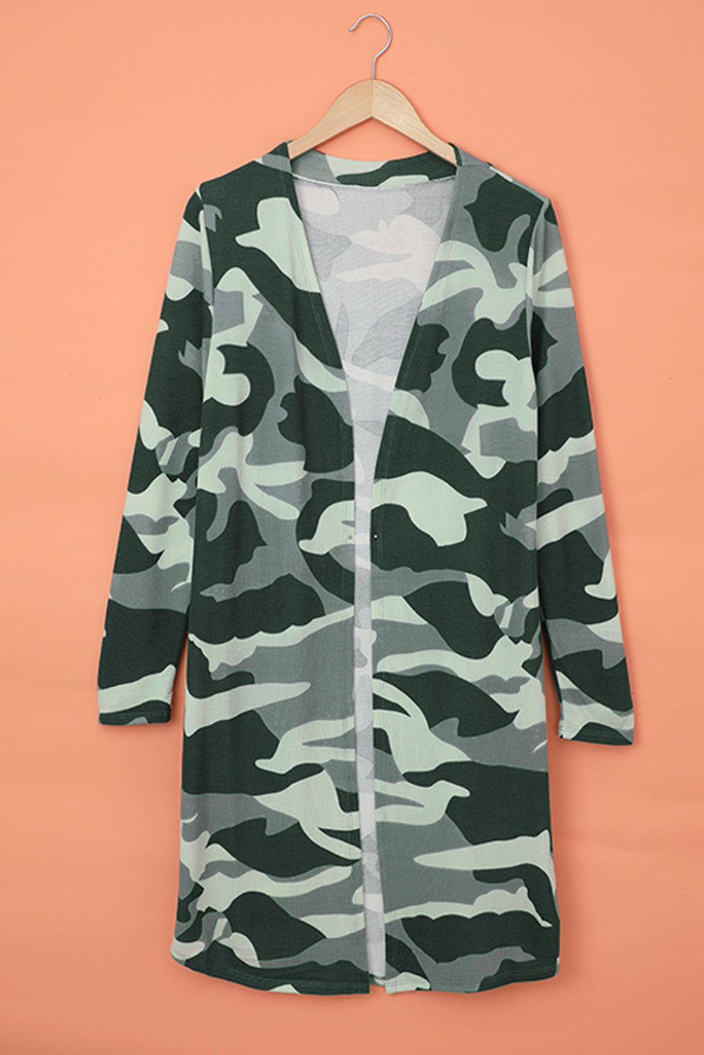 A stylish green camo print long cardigan with an open front and long sleeves, perfect for casual wear.