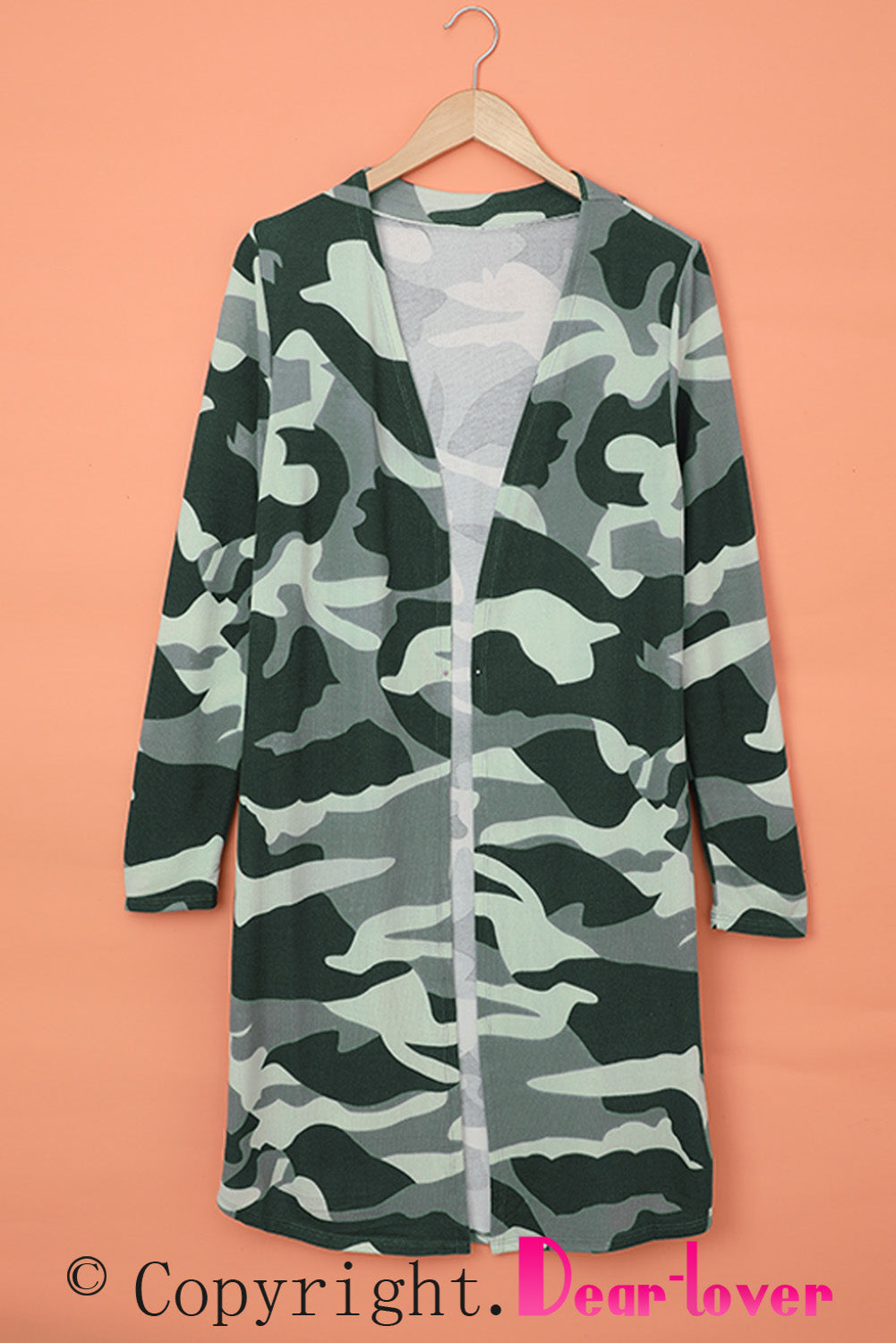 A stylish green camo print long cardigan with an open front and long sleeves, perfect for casual wear.