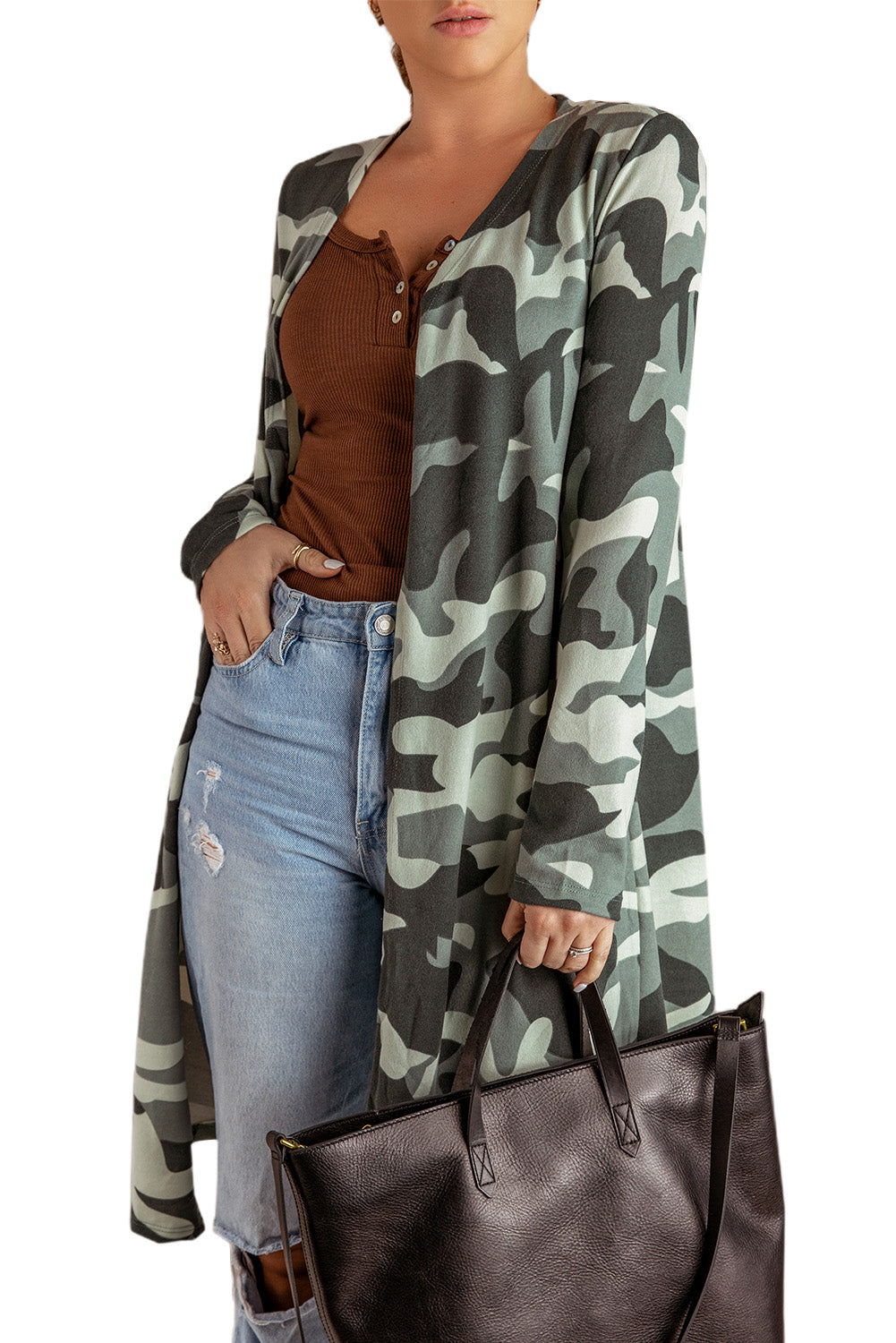 A stylish green camo print long cardigan with an open front and long sleeves, perfect for casual wear.