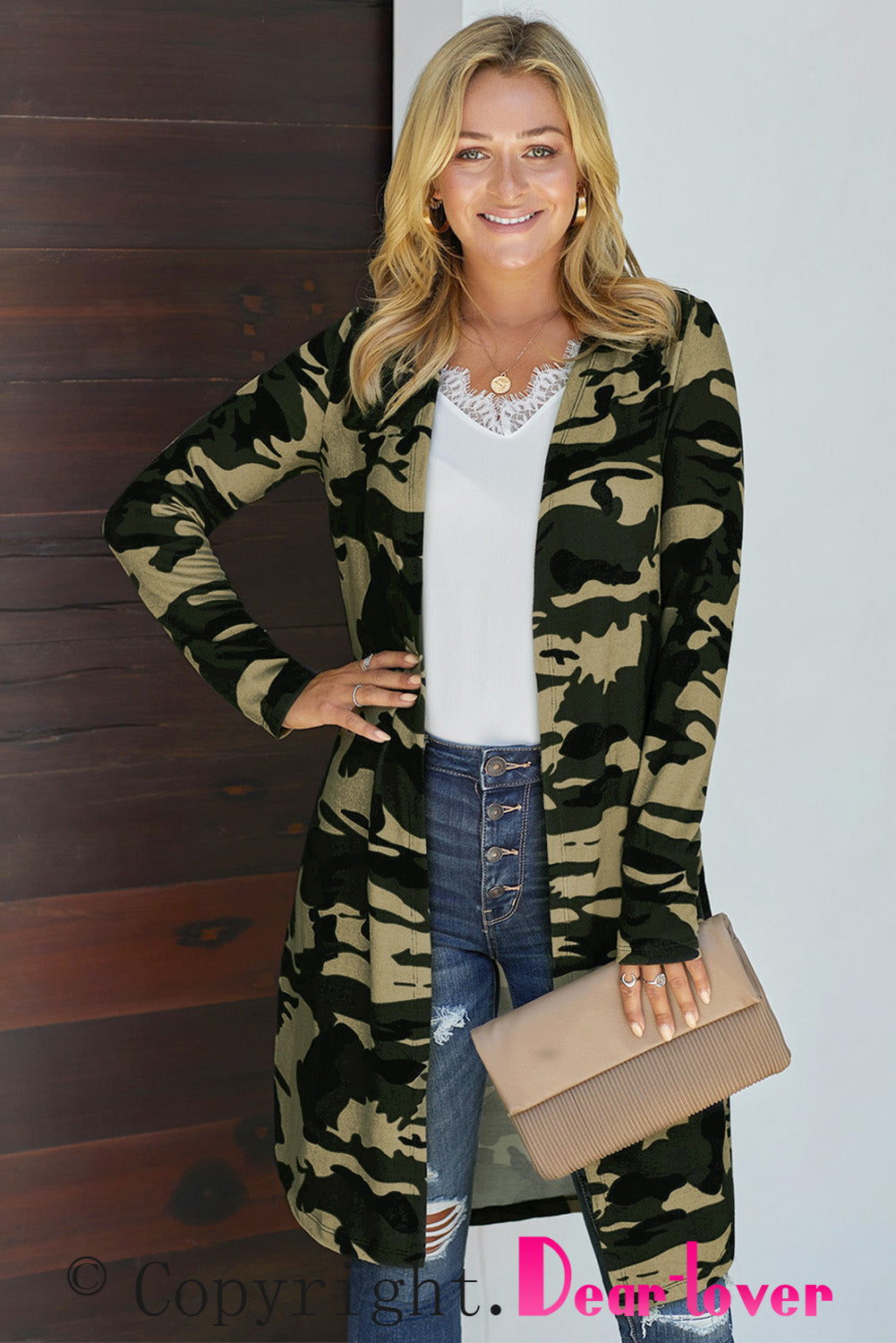 A stylish green camo print long cardigan with an open front and long sleeves, perfect for casual wear.