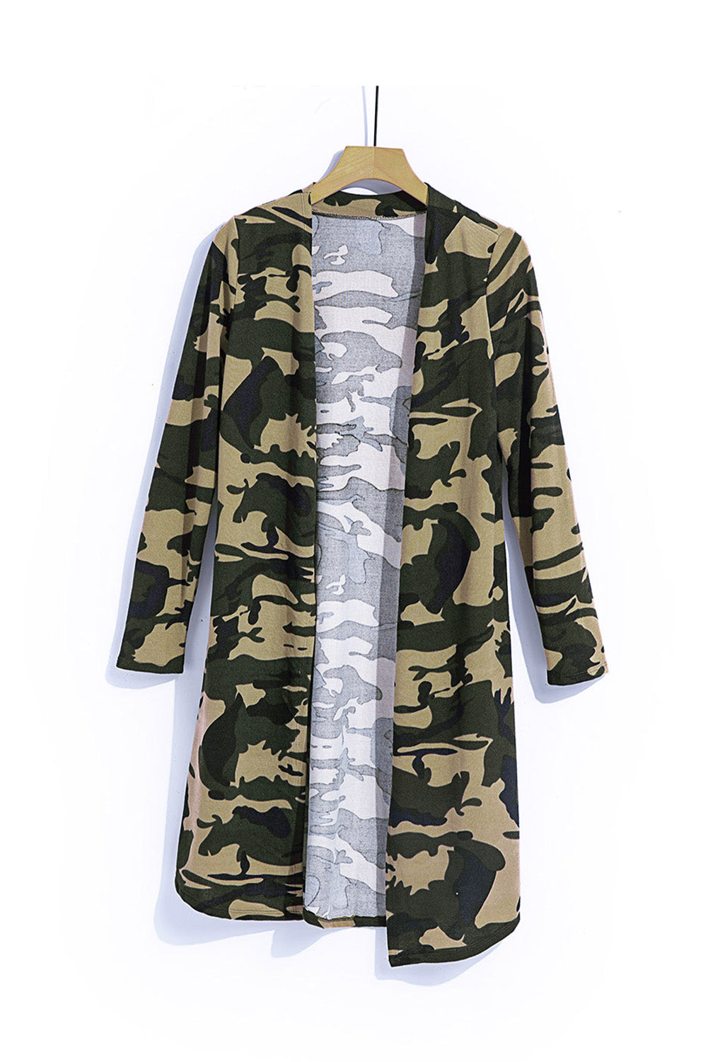 A stylish green camo print long cardigan with an open front and long sleeves, perfect for casual wear.