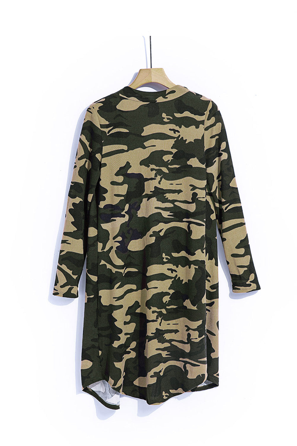 A stylish green camo print long cardigan with an open front and long sleeves, perfect for casual wear.