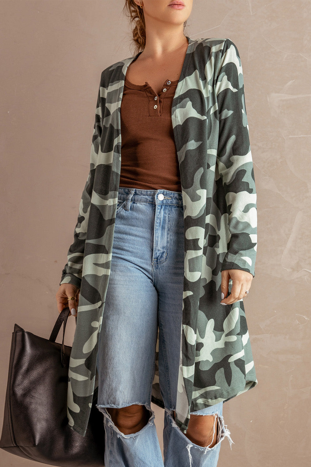 A stylish green camo print long cardigan with an open front and long sleeves, perfect for casual wear.