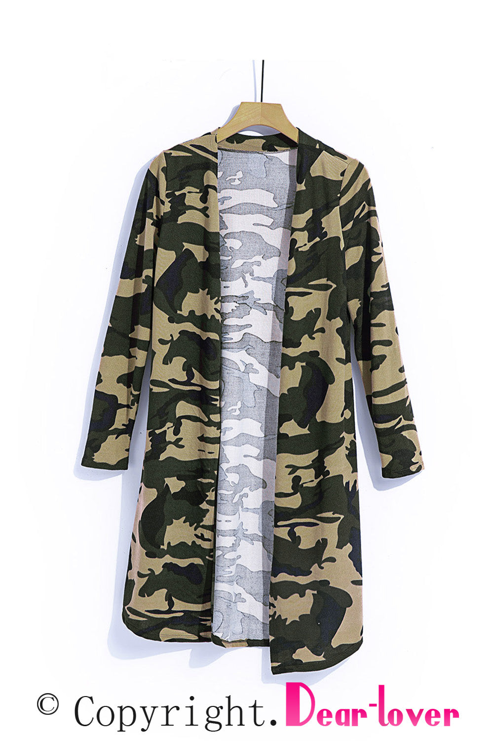 A stylish green camo print long cardigan with an open front and long sleeves, perfect for casual wear.