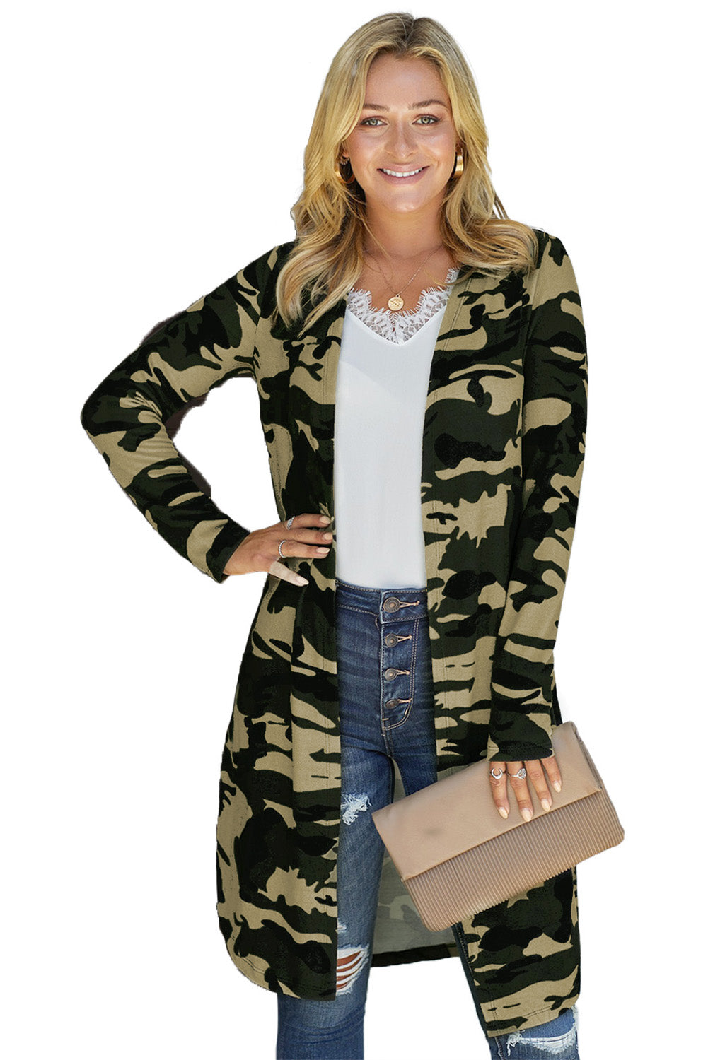 A stylish green camo print long cardigan with an open front and long sleeves, perfect for casual wear.