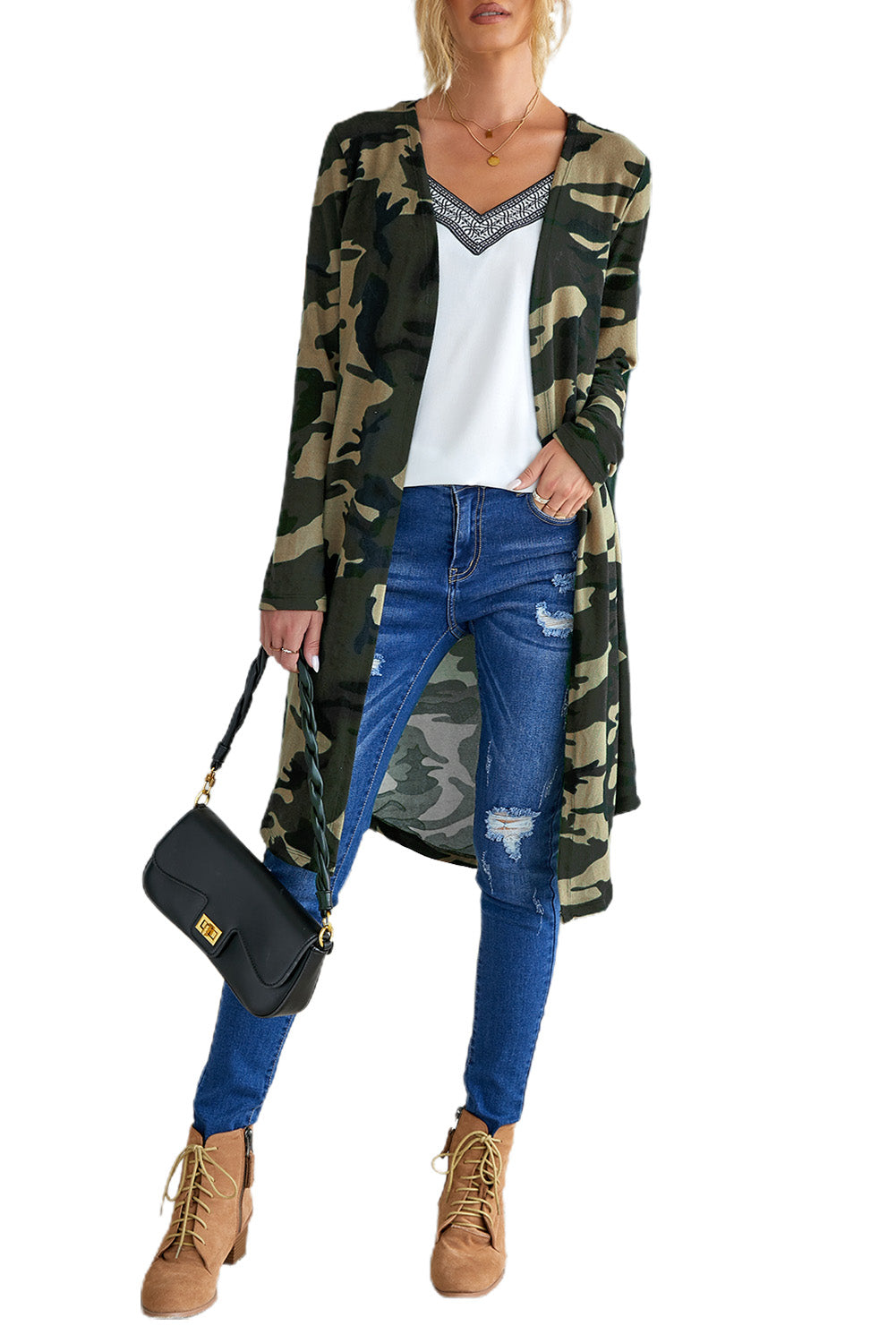 A stylish green camo print long cardigan with an open front and long sleeves, perfect for casual wear.