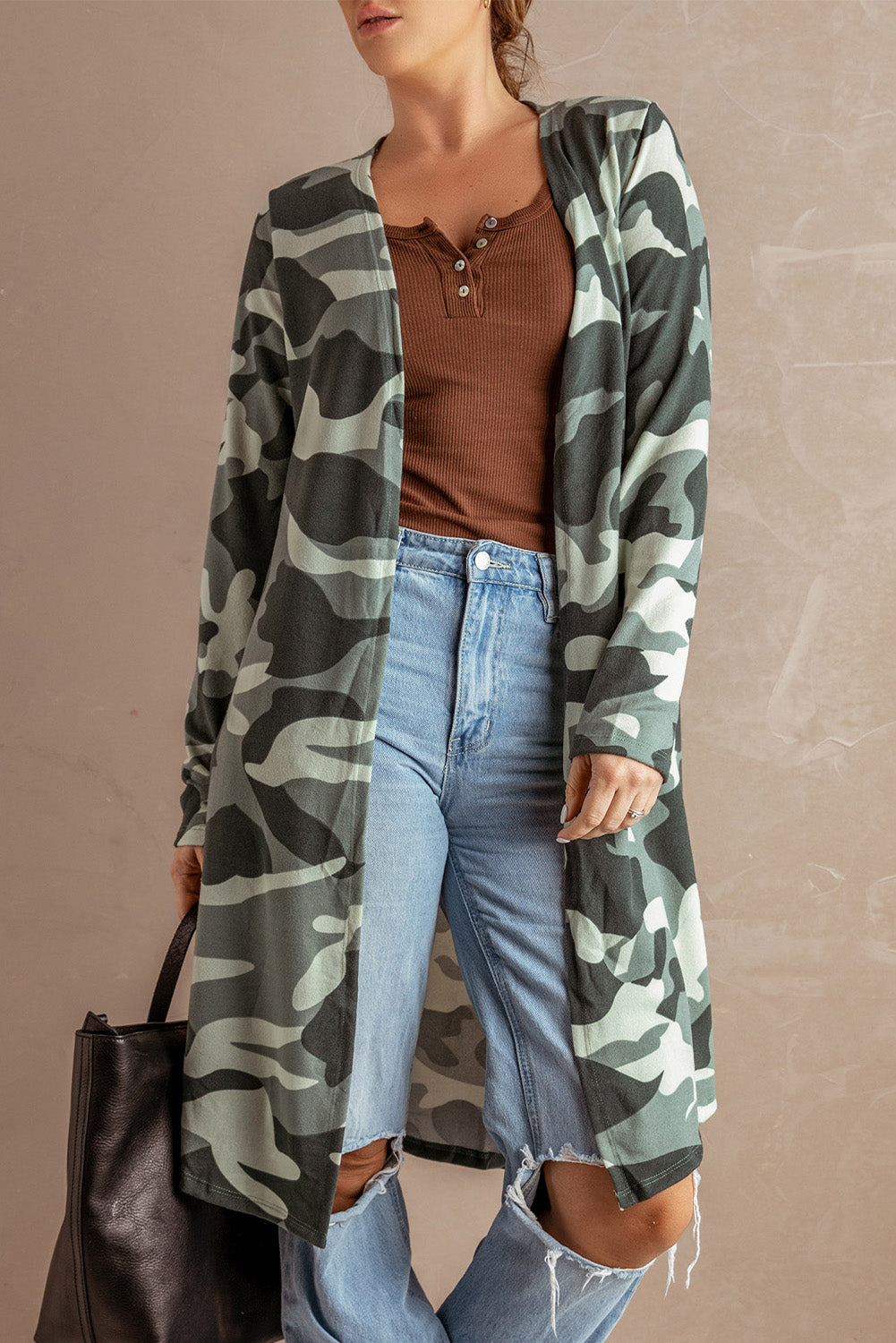 A stylish green camo print long cardigan with an open front and long sleeves, perfect for casual wear.