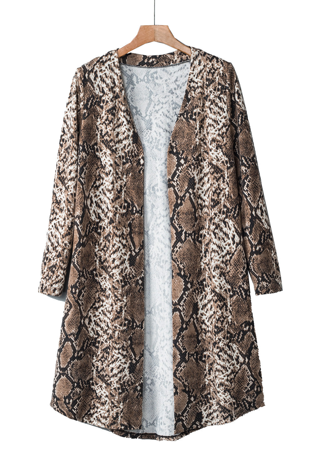 A stylish green camo print long cardigan with an open front and long sleeves, perfect for casual wear.