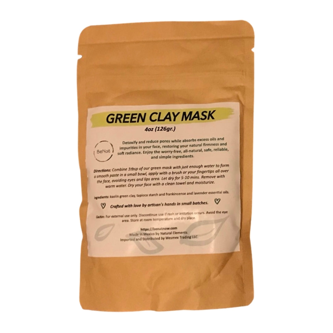 Green Clay Mask in eco-friendly kraft paper packaging, showcasing its natural ingredients and powder form.