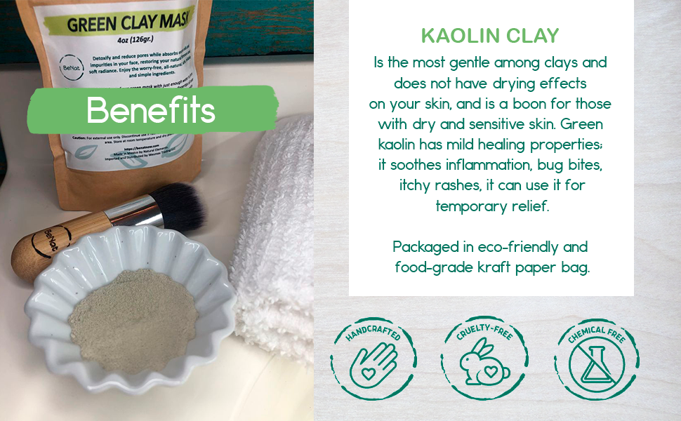 Green Clay Mask in eco-friendly kraft paper packaging, showcasing its natural ingredients and powder form.